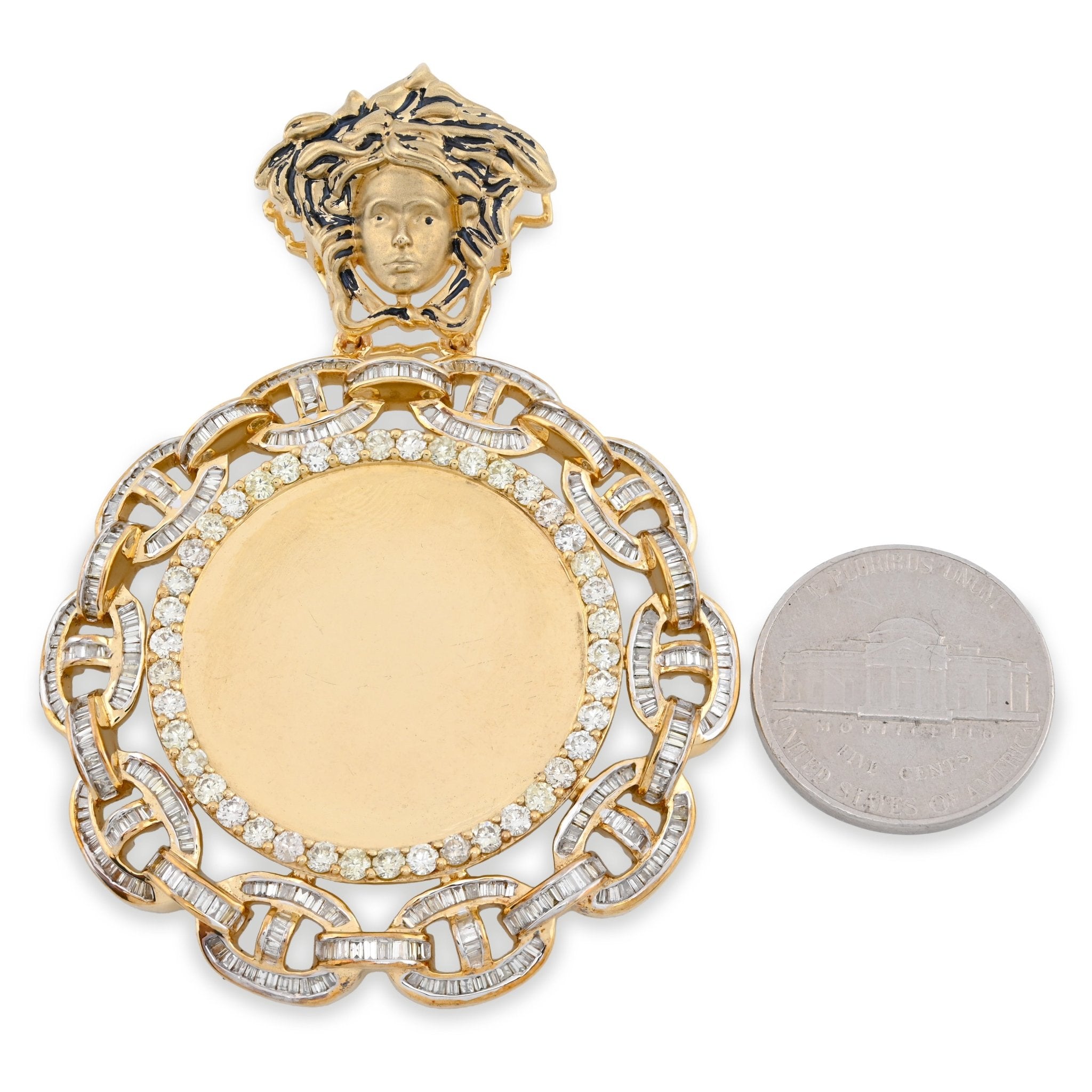 10K Yellow Gold Baguette Cuban Link Medusa 4.18CT Natural Diamond Memory Picture Pendant Men Women Charm - Elite Jewelers - Charms & Pendants