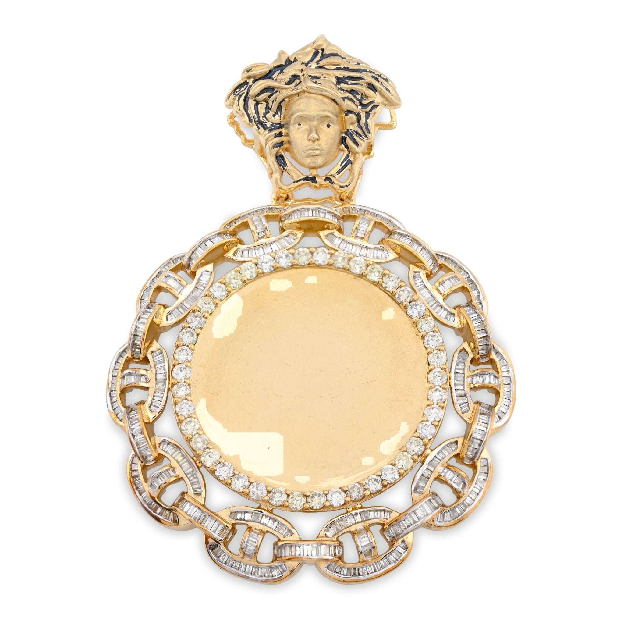 10K Yellow Gold Baguette Cuban Link Medusa 4.18CT Natural Diamond Memory Picture Pendant Men Women Charm - Elite Jewelers - Charms & Pendants