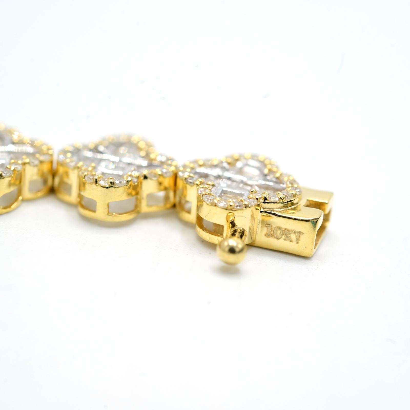 10K Yellow Gold Baguette Natural Diamond 3CT Clover Bracelet With Single Cut On Edges 7" - Elite Jewelers - Bracelets