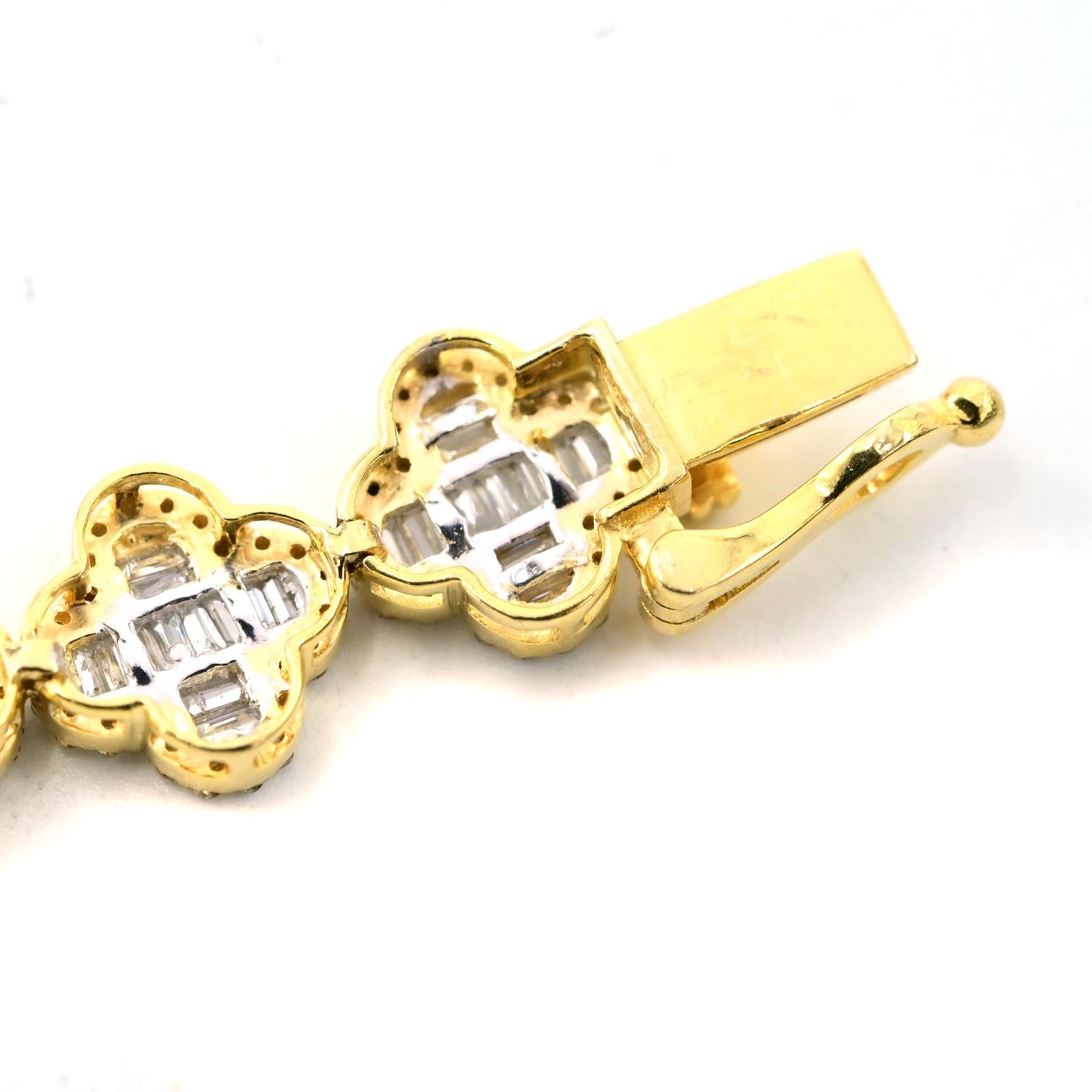 10K Yellow Gold Baguette Natural Diamond 3CT Clover Bracelet With Single Cut On Edges 7" - Elite Jewelers - Bracelets