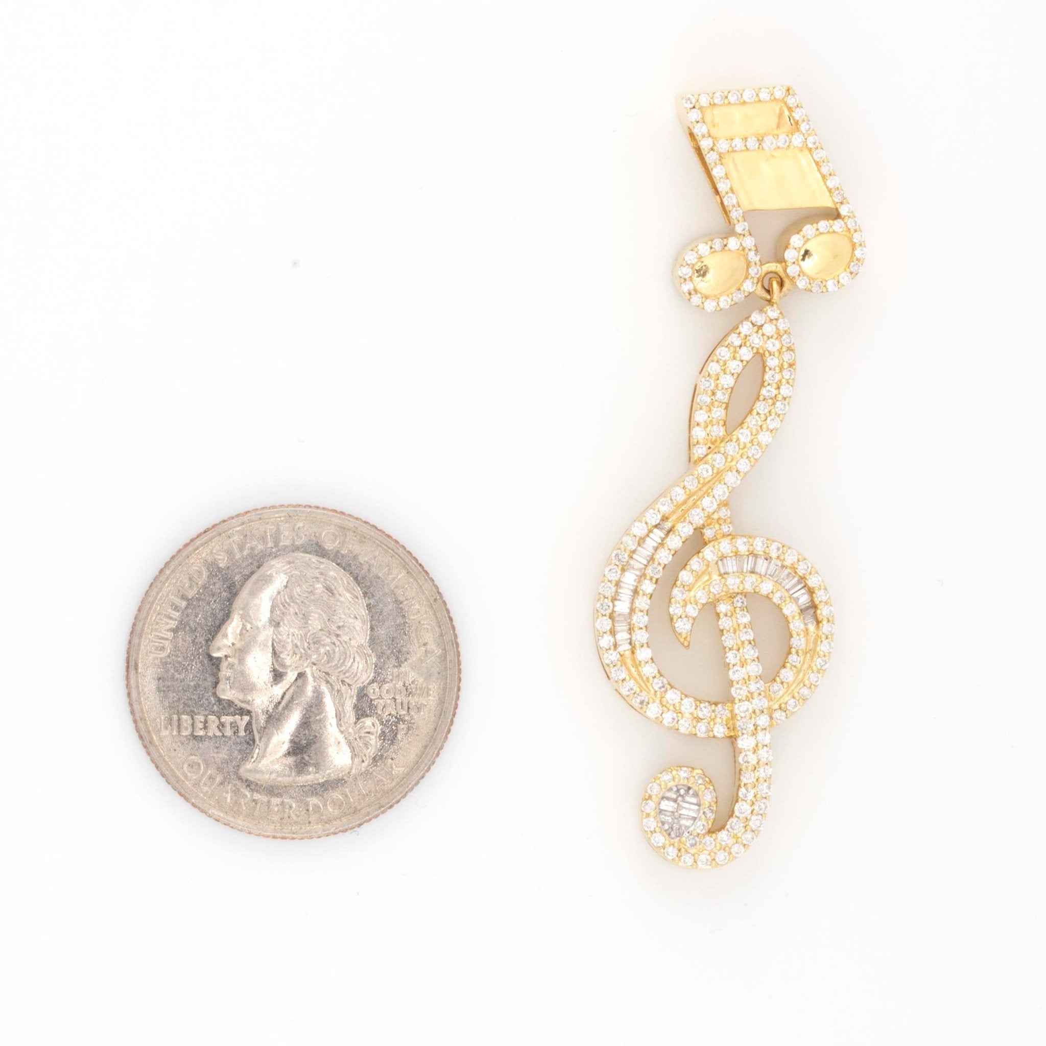 10K Yellow Gold Baguette Round 1.25CT Musical Note Diamond Pendant 2" - Elite Jewelers - Charms & Pendants