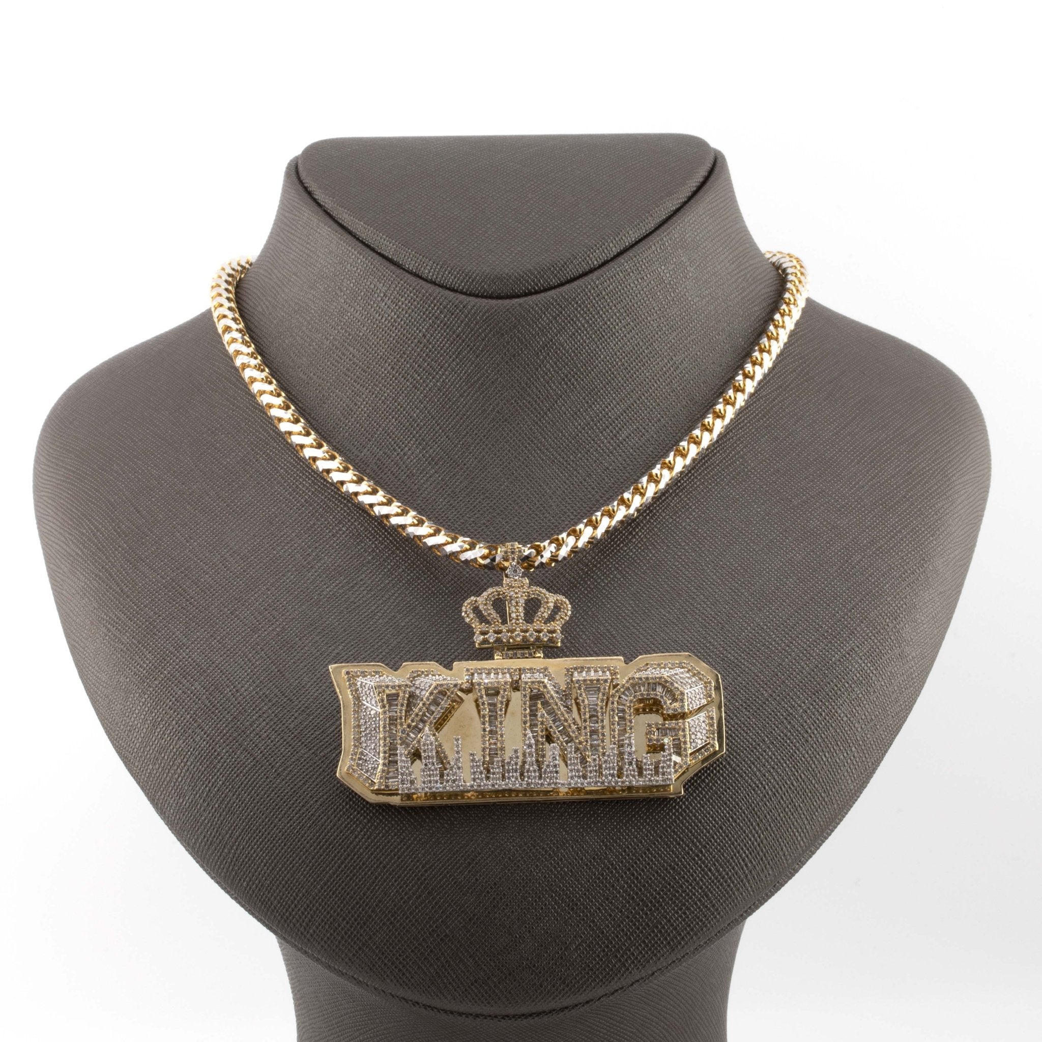 10K Yellow Gold Baguette / Round 8CT Natural Diamond King Pendant Crown Bail fits upto 18MM - Elite Jewelers - Charms & Pendants