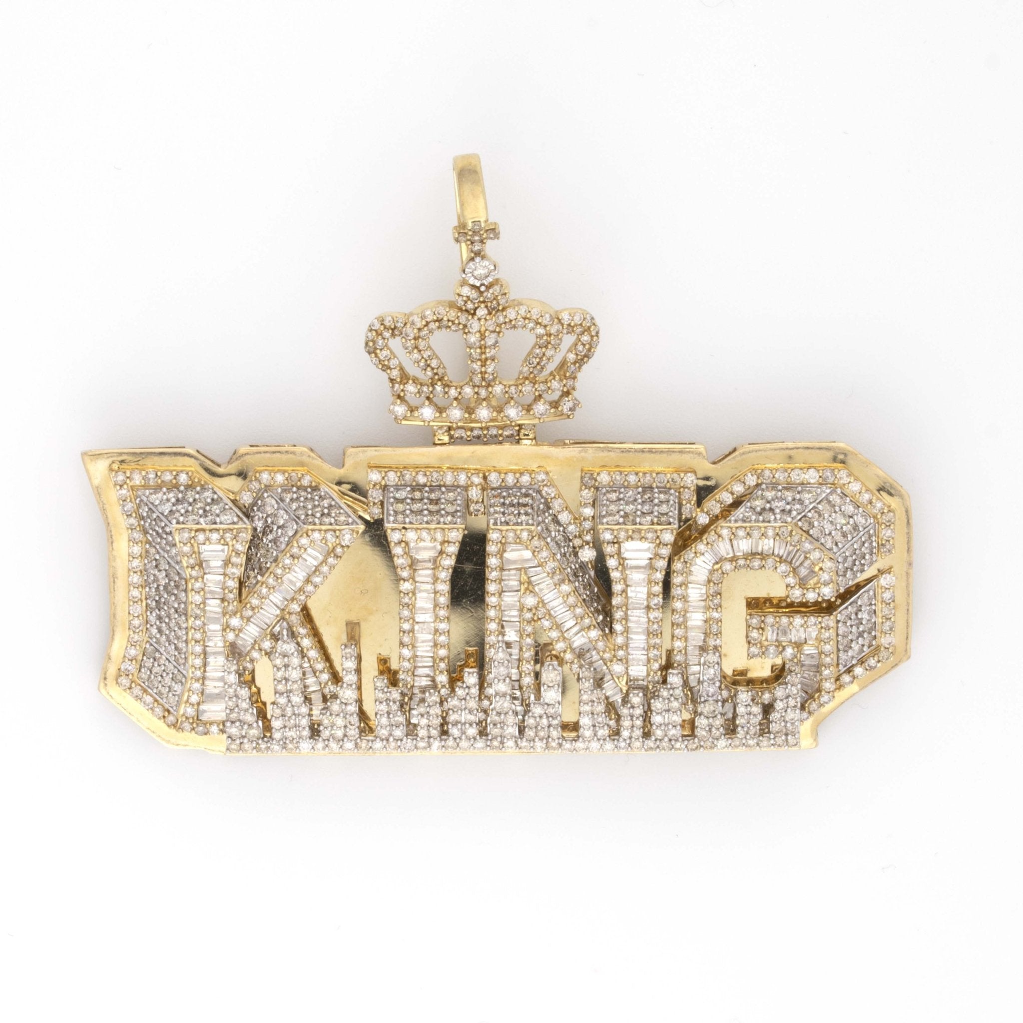 10K Yellow Gold Baguette / Round 8CT Natural Diamond King Pendant Crown Bail fits upto 18MM - Elite Jewelers - Charms & Pendants