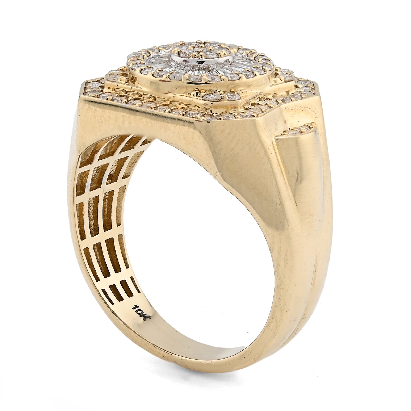 10K Yellow Gold Centre Flower Cluster 1.05CT Baguette/Round Natural Diamond Men Ring - Elite Jewelers - Rings