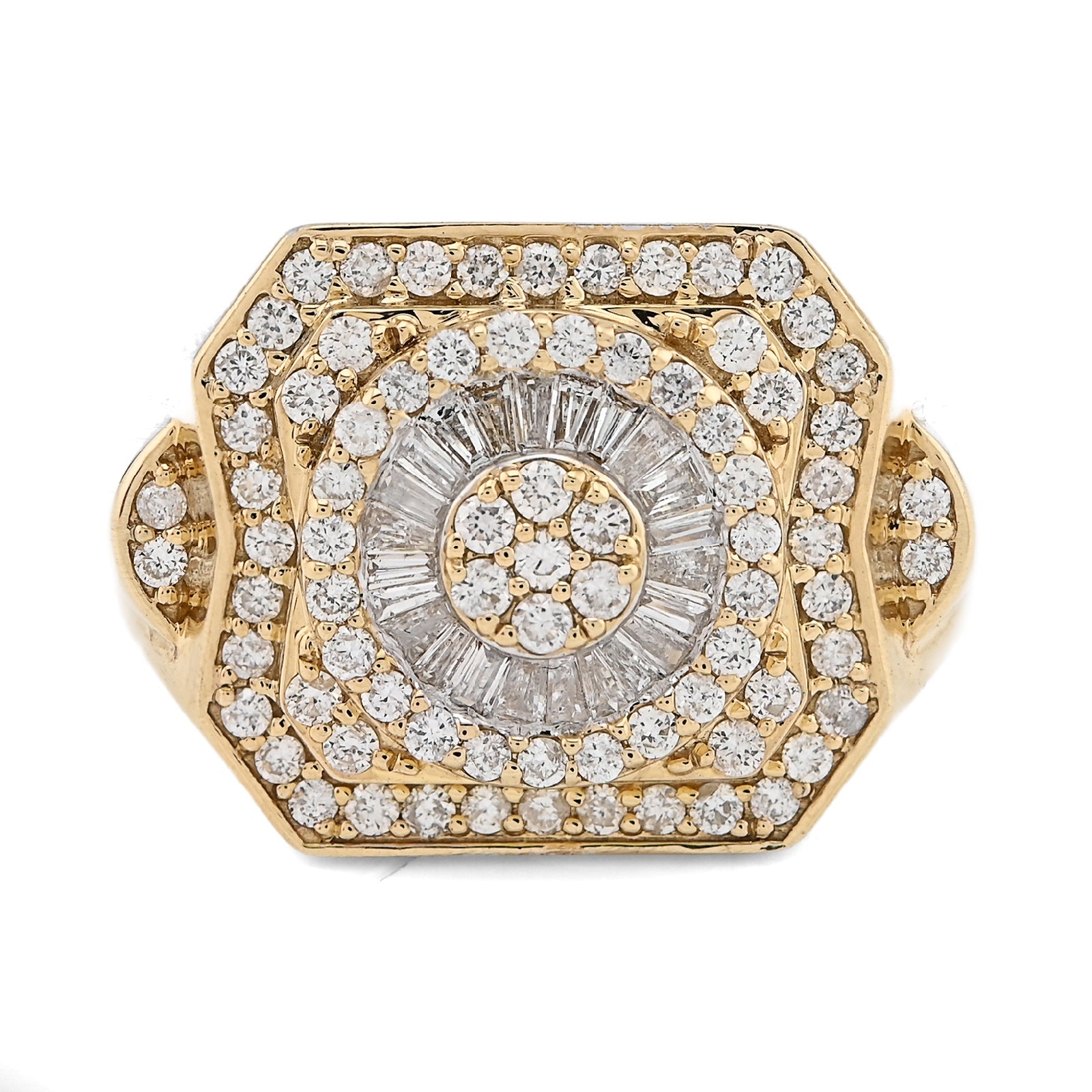 10K Yellow Gold Centre Flower Cluster 1.05CT Baguette/Round Natural Diamond Men Ring - Elite Jewelers - Rings