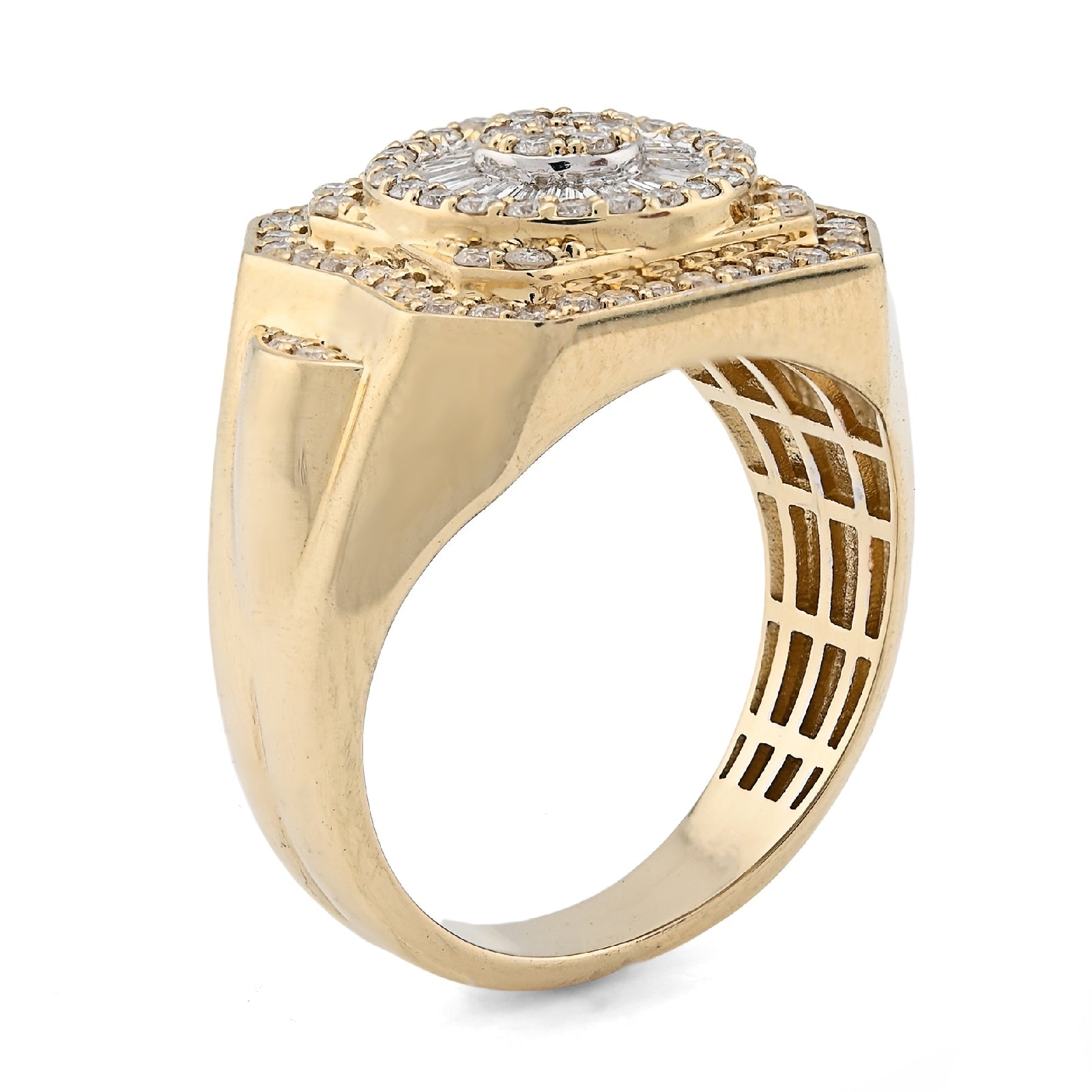 10K Yellow Gold Centre Flower Cluster 1.05CT Baguette/Round Natural Diamond Men Ring - Elite Jewelers - Rings