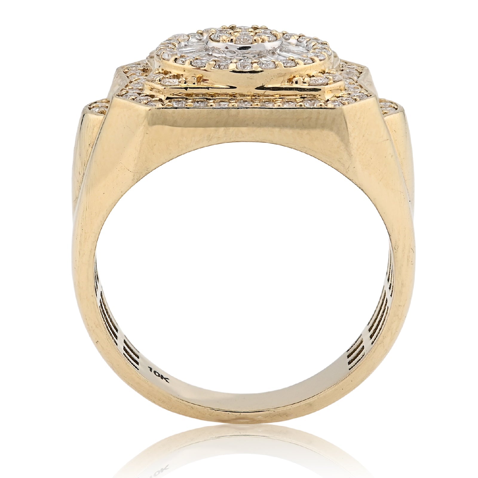 10K Yellow Gold Centre Flower Cluster 1.05CT Baguette/Round Natural Diamond Men Ring - Elite Jewelers - Rings