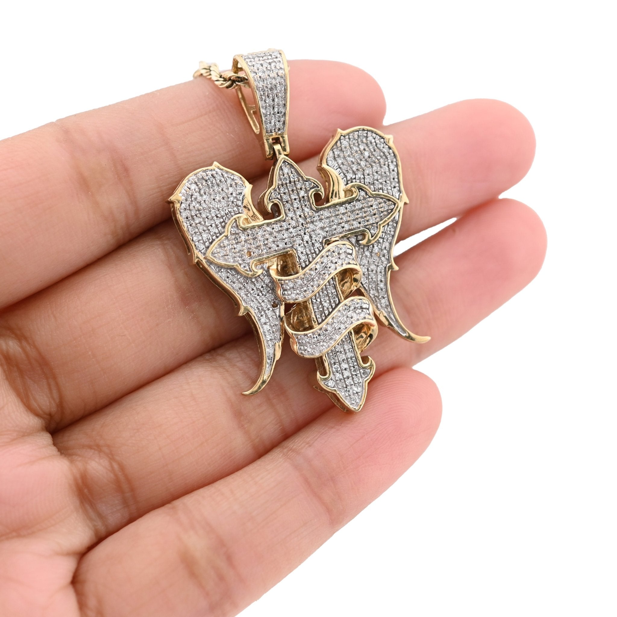10K Yellow Gold Cross with Angel Wings 0.83CT Natural Diamond Charm Men Women Pendant - Elite Jewelers - Charms & Pendants