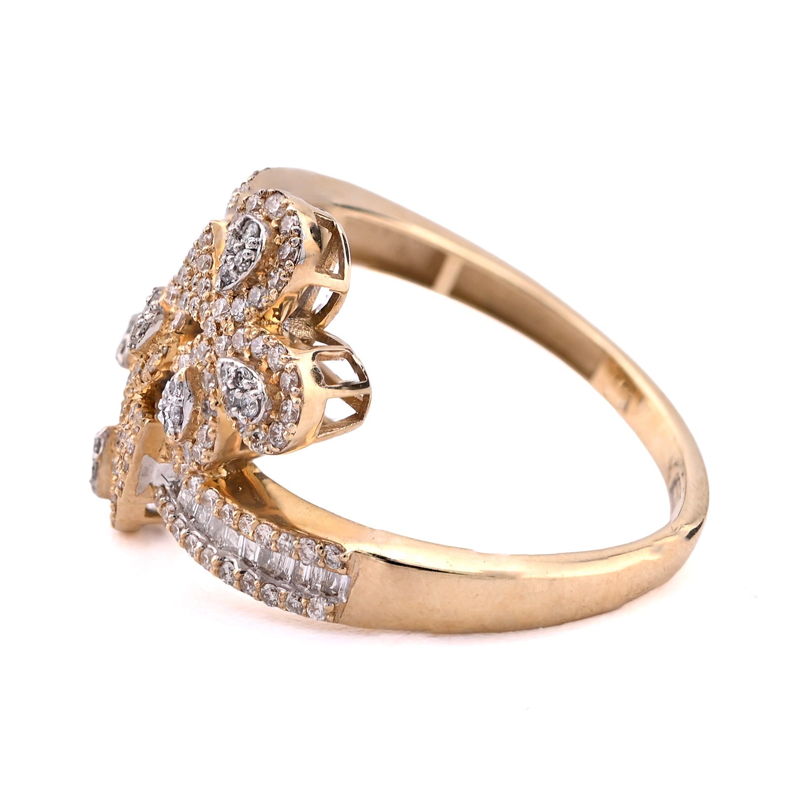 10K Yellow Gold Diamond Cuff 3 - Leaf Clover 0.65CT Natural Round/Baguette Women Ring - Elite Jewelers - Rings