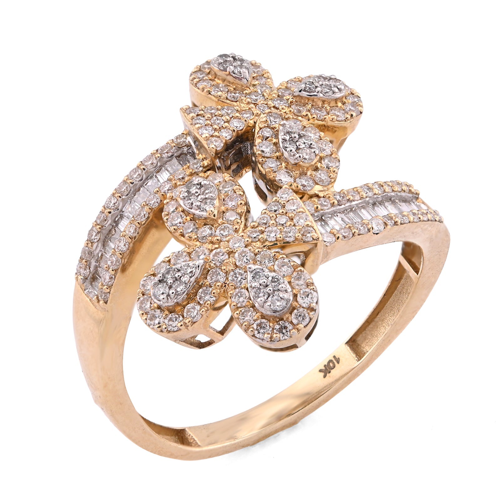 10K Yellow Gold Diamond Cuff 3 - Leaf Clover 0.65CT Natural Round/Baguette Women Ring - Elite Jewelers - Rings