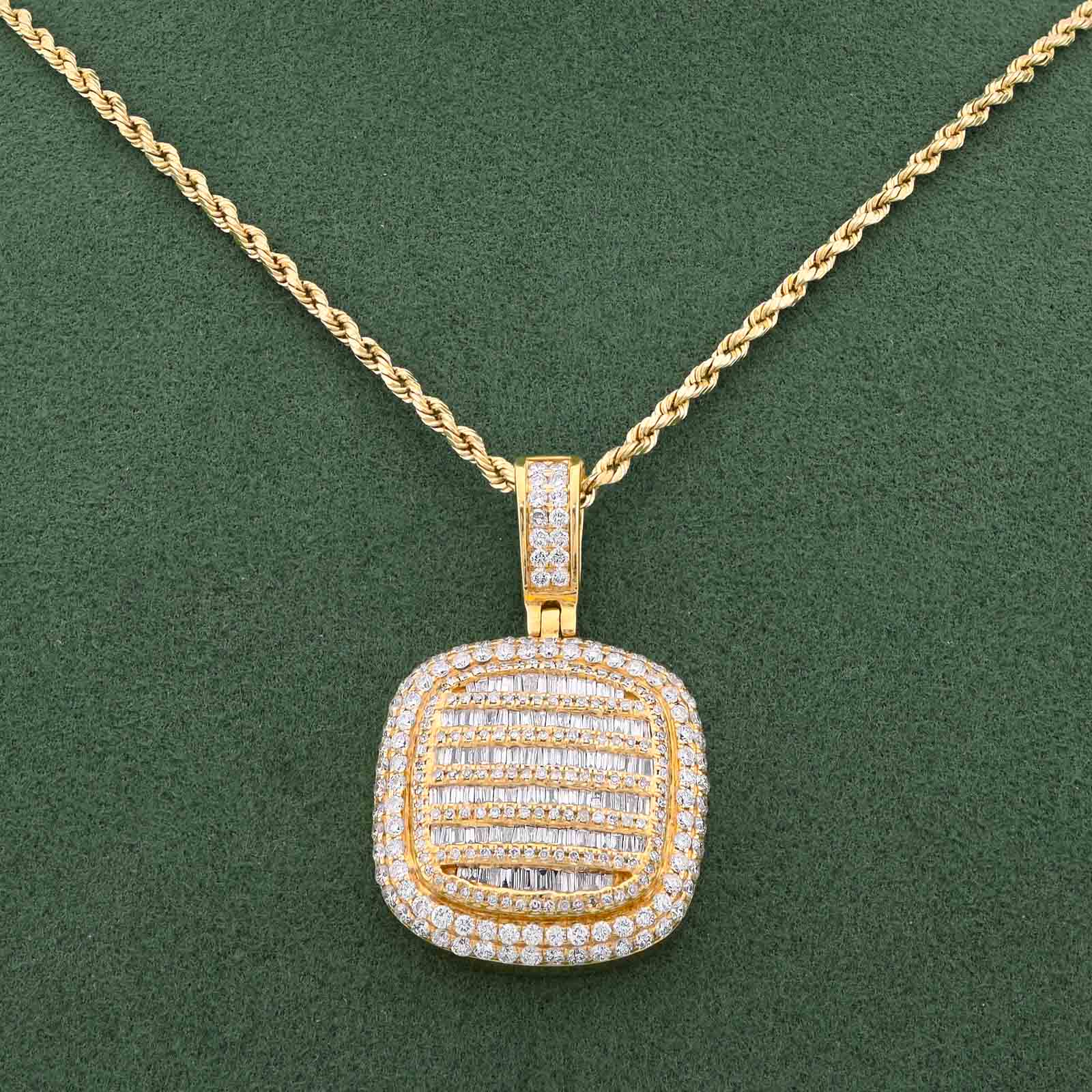 10K Yellow Gold Ice Tray Style Dog Tag Charm Natural Diamond Round/Baguette 2CT Pendant - Elite Jewelers-Charms & Pendants