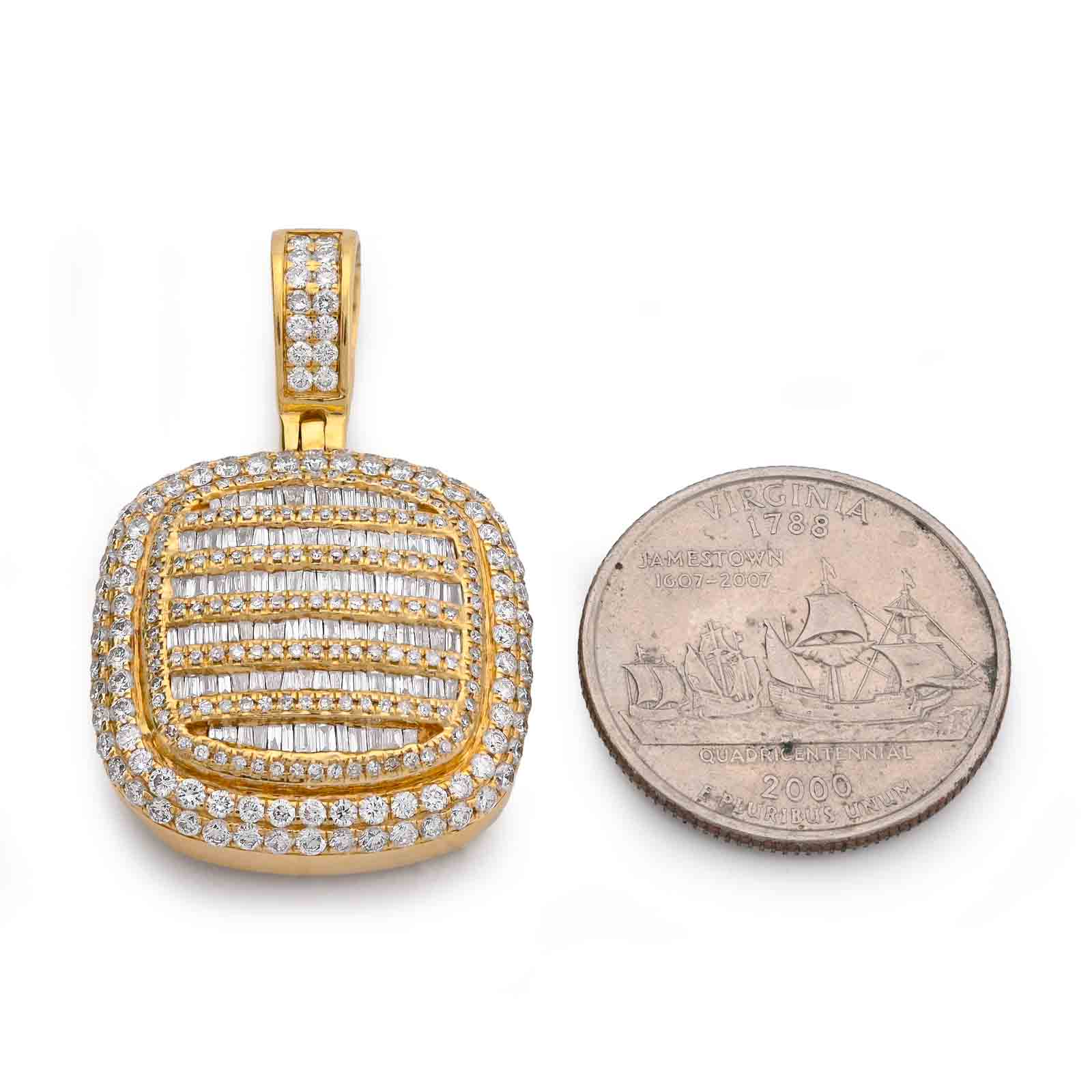 10K Yellow Gold Ice Tray Style Dog Tag Charm Natural Diamond Round/Baguette 2CT Pendant - Elite Jewelers-Charms & Pendants