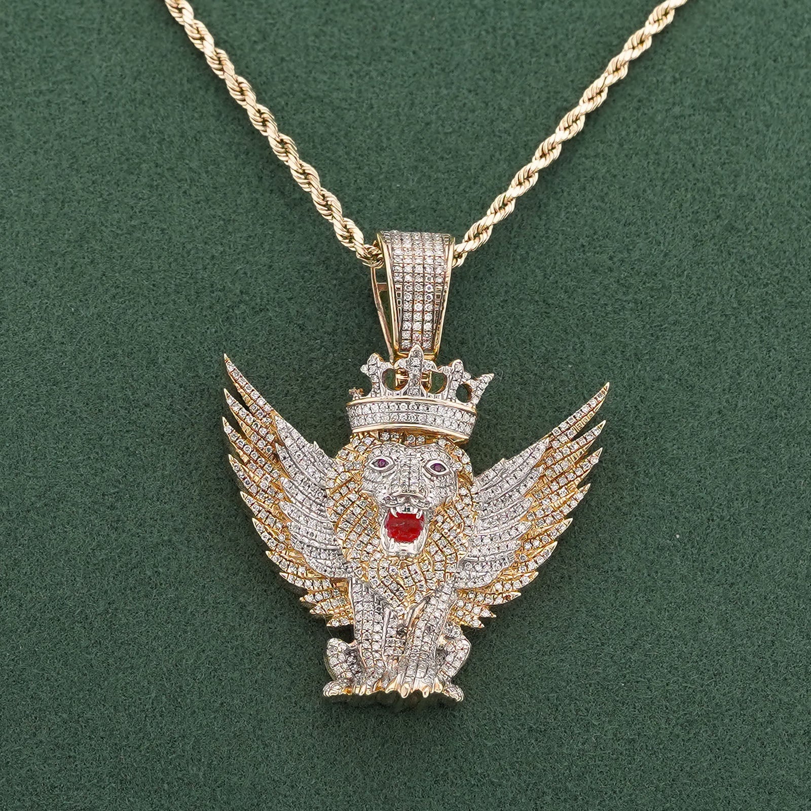 10K Yellow Gold Lion w/ Wings & Crown 4.89CT Natural Diamond Charm - Elite Jewelers-Charms & Pendants