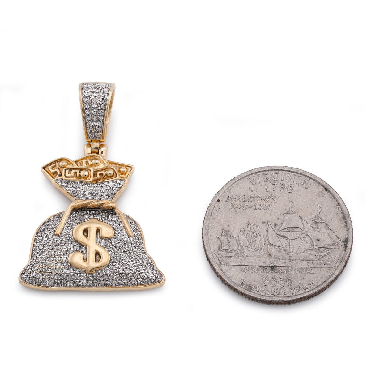 10K Yellow Gold Money Bag "$" Natural Diamond 1.5CT Men Women Charm Pendant - Elite Jewelers-Charms & Pendants