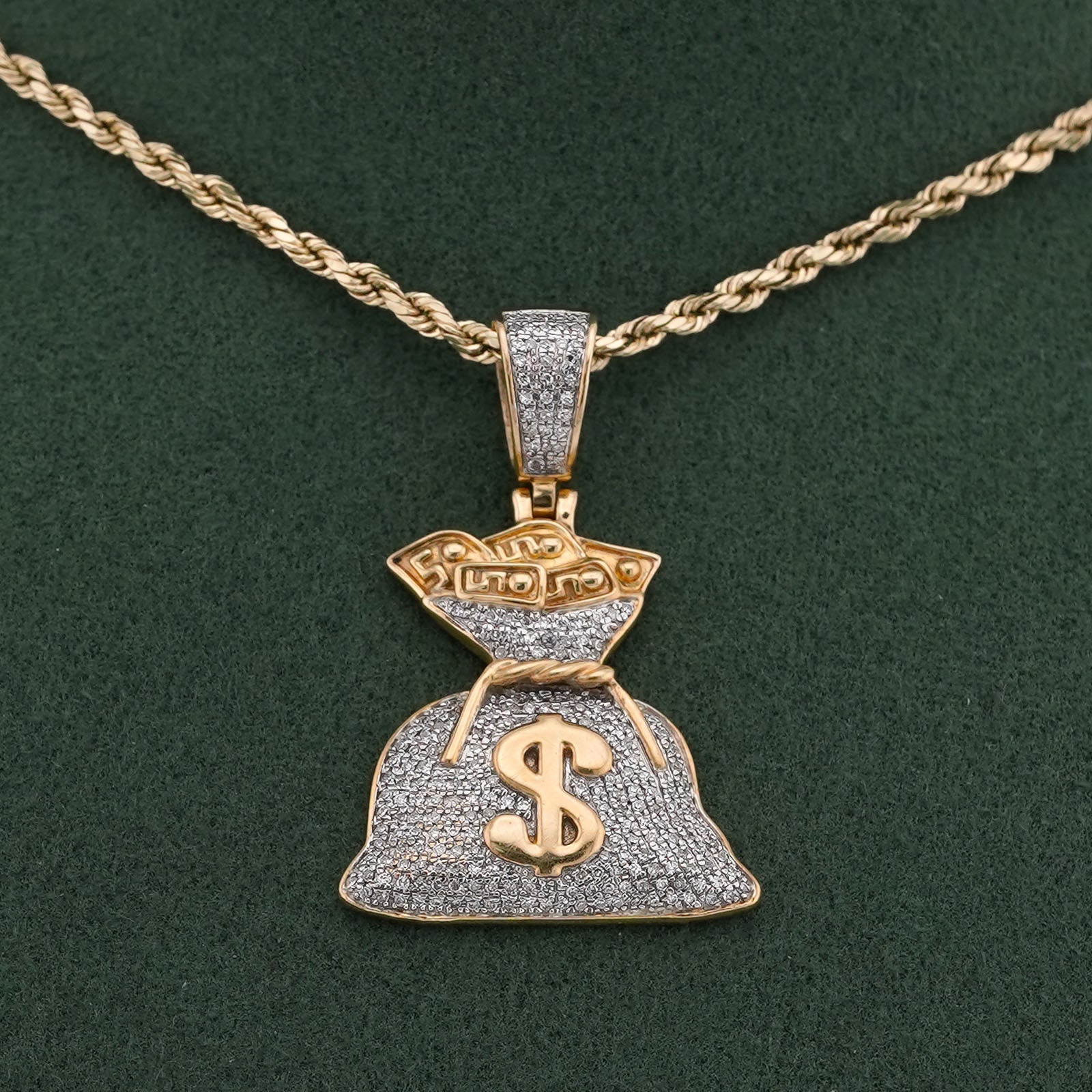10K Yellow Gold Money Bag "$" Natural Diamond 1.5CT Men Women Charm Pendant - Elite Jewelers-Charms & Pendants