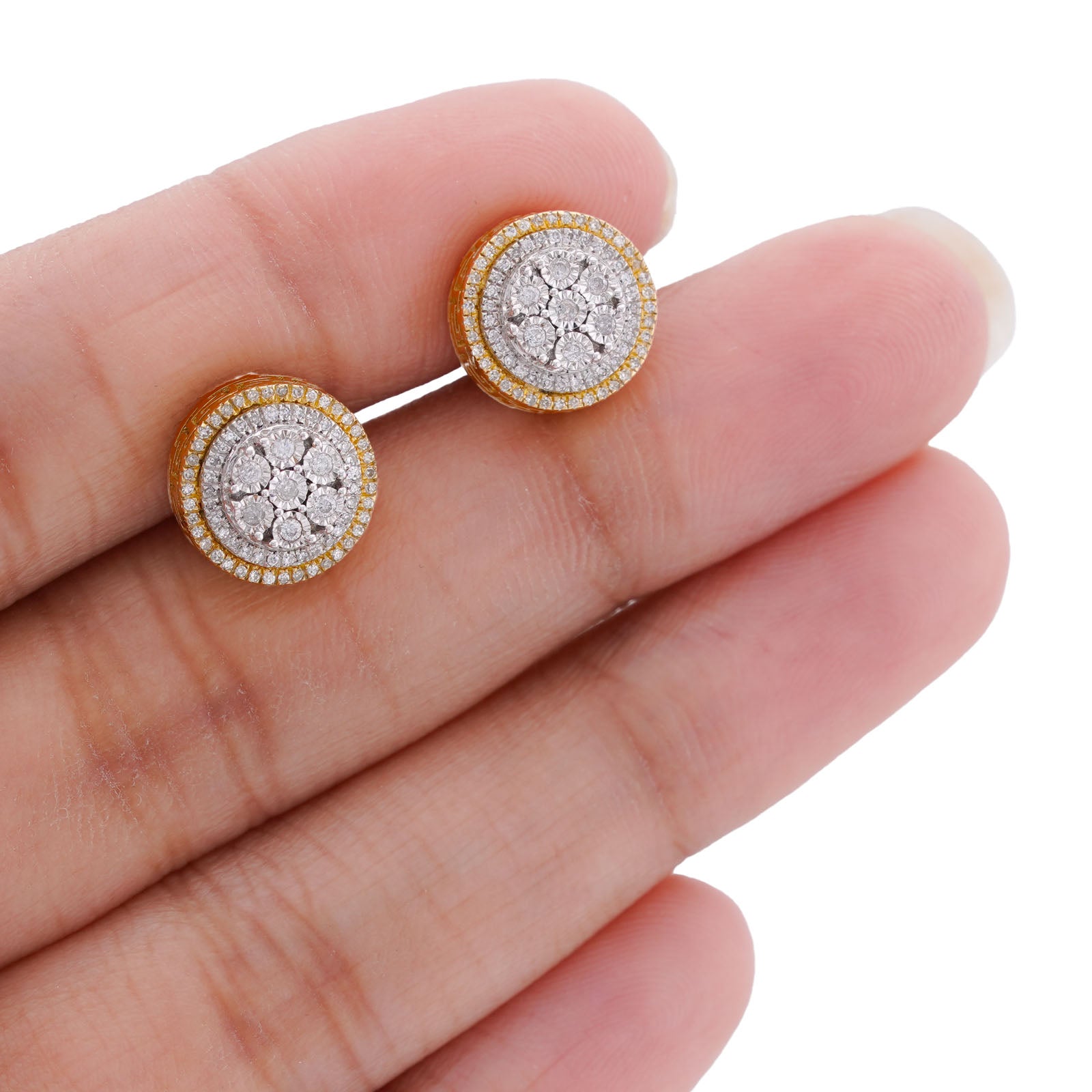 10K Yellow Gold Multi Halo Centre Flower Cluster 0.25CT Natural Diamond Men Women Earrings - Elite Jewelers-Earrings