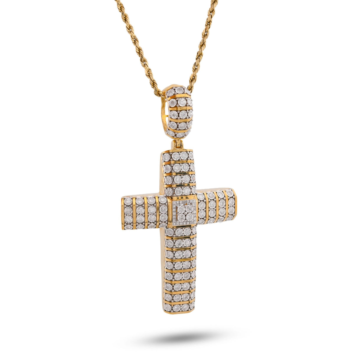 10K Yellow Gold Multi Row/Column Natural Diamond Illusion Natural Diamond 2CT Cross Charm Pendant - Elite Jewelers-Charms & Pendants