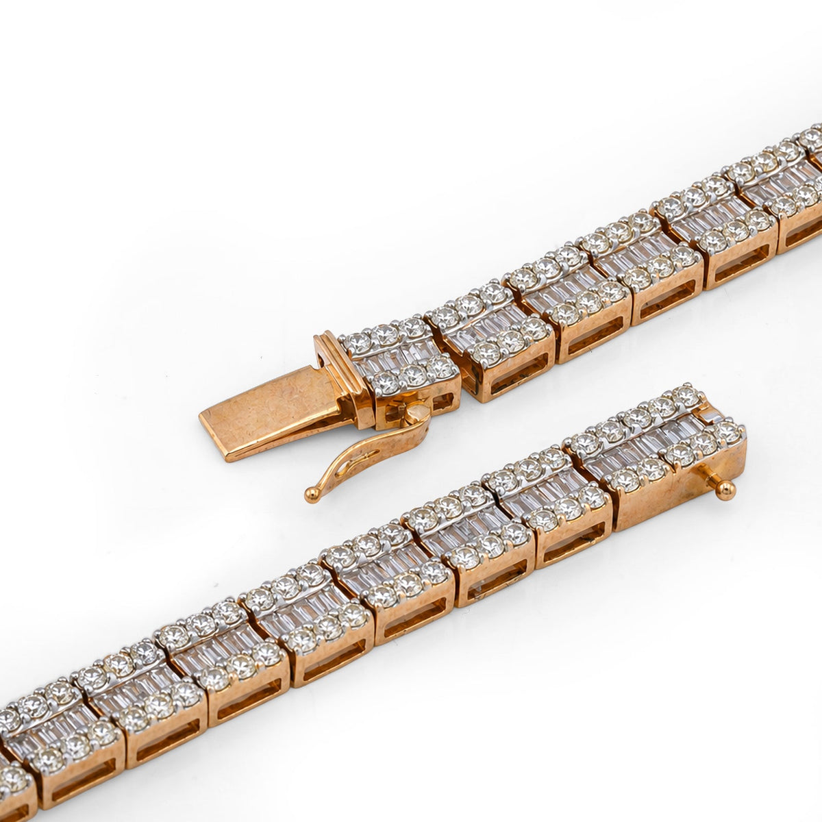 10K Yellow Gold Natural Diamond Round/Baguette Centre Row 22CT Tennis Chain 20" Men Necklace - Elite Jewelers-Necklaces
