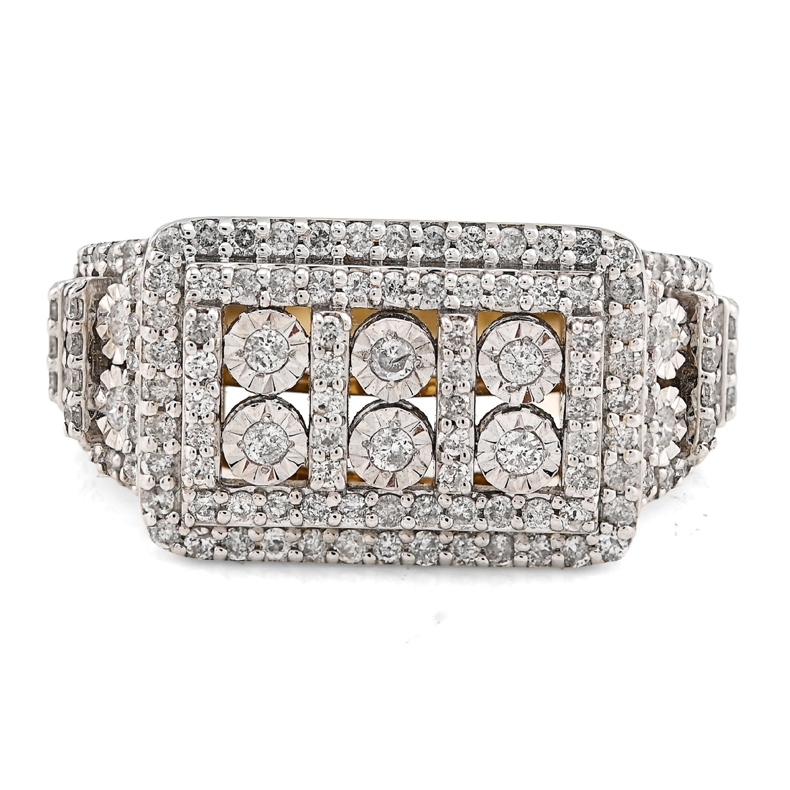 10K Yellow Gold Rectangle Multi - Column Illusion Side Iced 1.05CT Natural Diamond Men Pinky Ring - Elite Jewelers - Rings