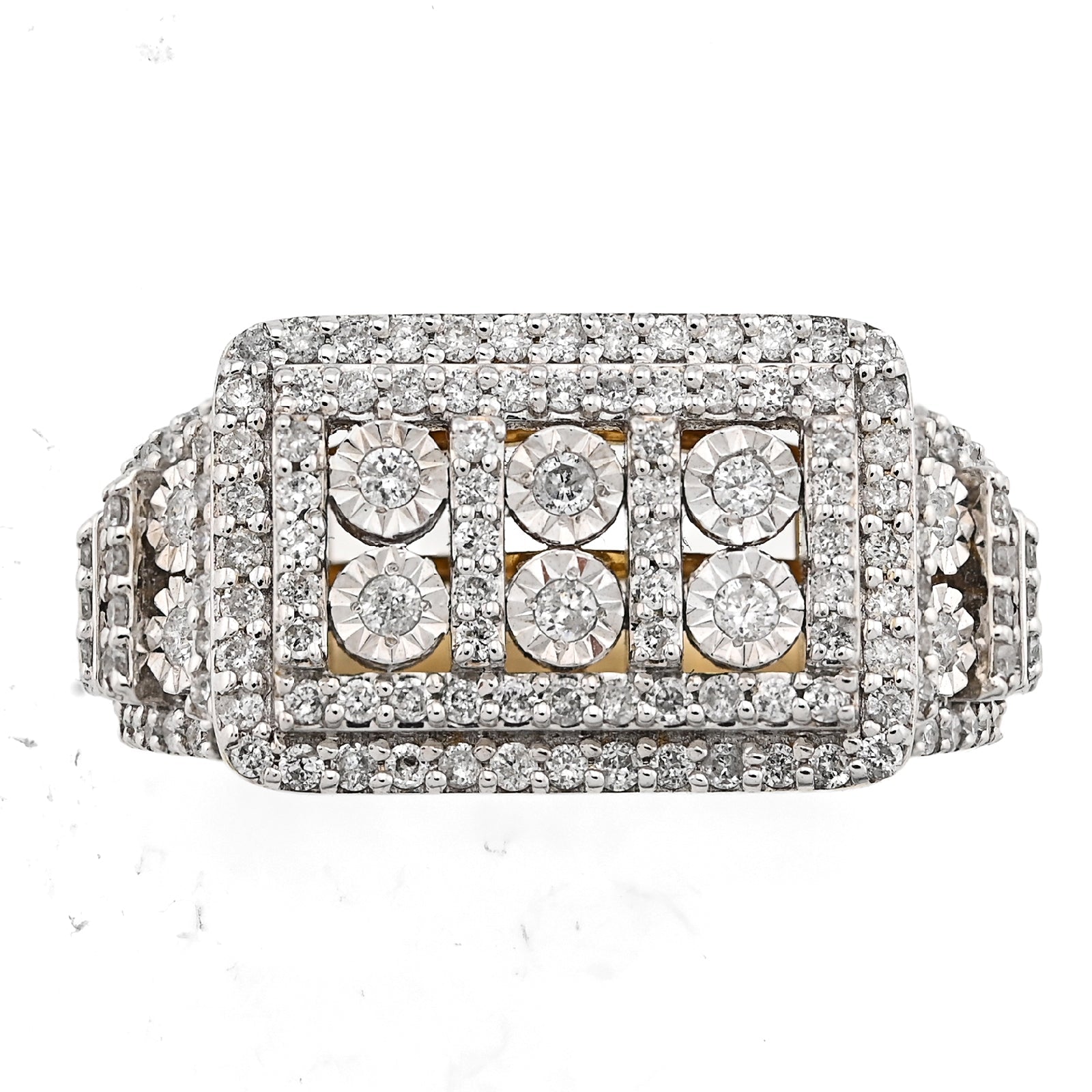 10K Yellow Gold Rectangle Multi - Column Illusion Side Iced 1.05CT Natural Diamond Men Pinky Ring - Elite Jewelers - Rings