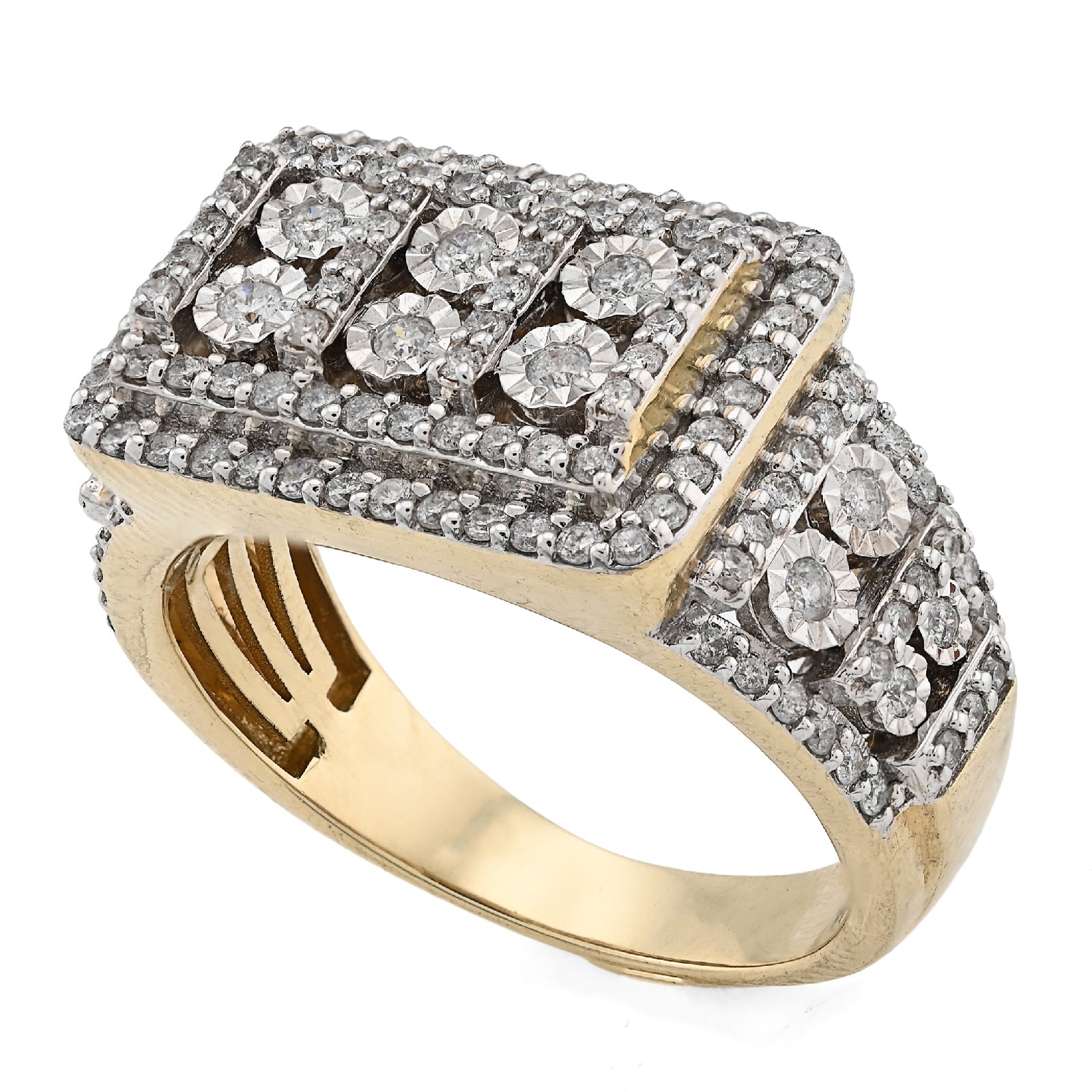 10K Yellow Gold Rectangle Multi - Column Illusion Side Iced 1.05CT Natural Diamond Men Pinky Ring - Elite Jewelers - Rings