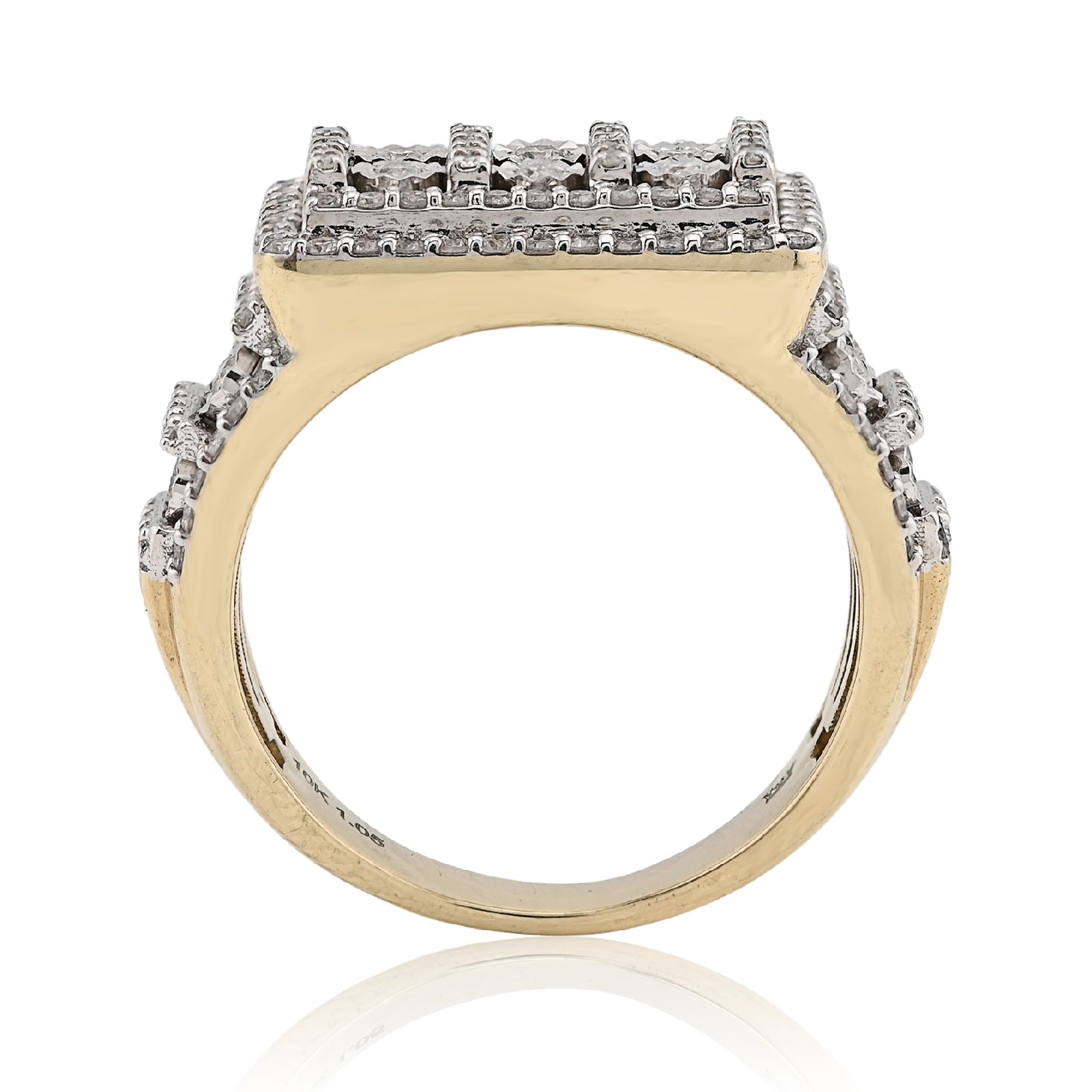 10K Yellow Gold Rectangle Multi - Column Illusion Side Iced 1.05CT Natural Diamond Men Pinky Ring - Elite Jewelers - Rings