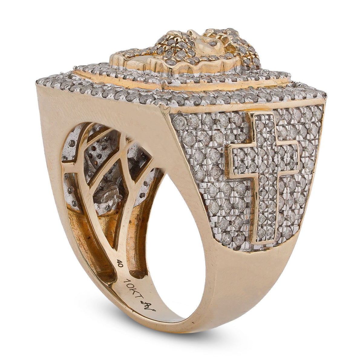 10K Yellow Gold Rectangular Shape Jesus Head w/ Cross Baguette Natural Diamond Men Pinky Ring - Elite Jewelers-Rings