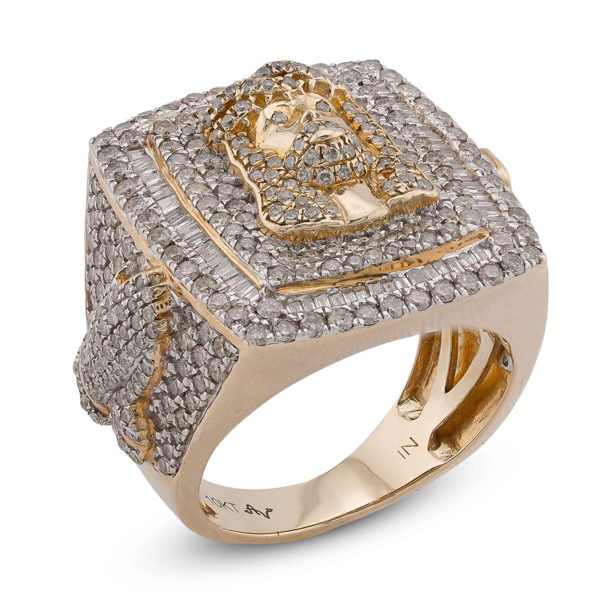 10K Yellow Gold Rectangular Shape Jesus Head w/ Cross Baguette Natural Diamond Men Pinky Ring - Elite Jewelers-Rings