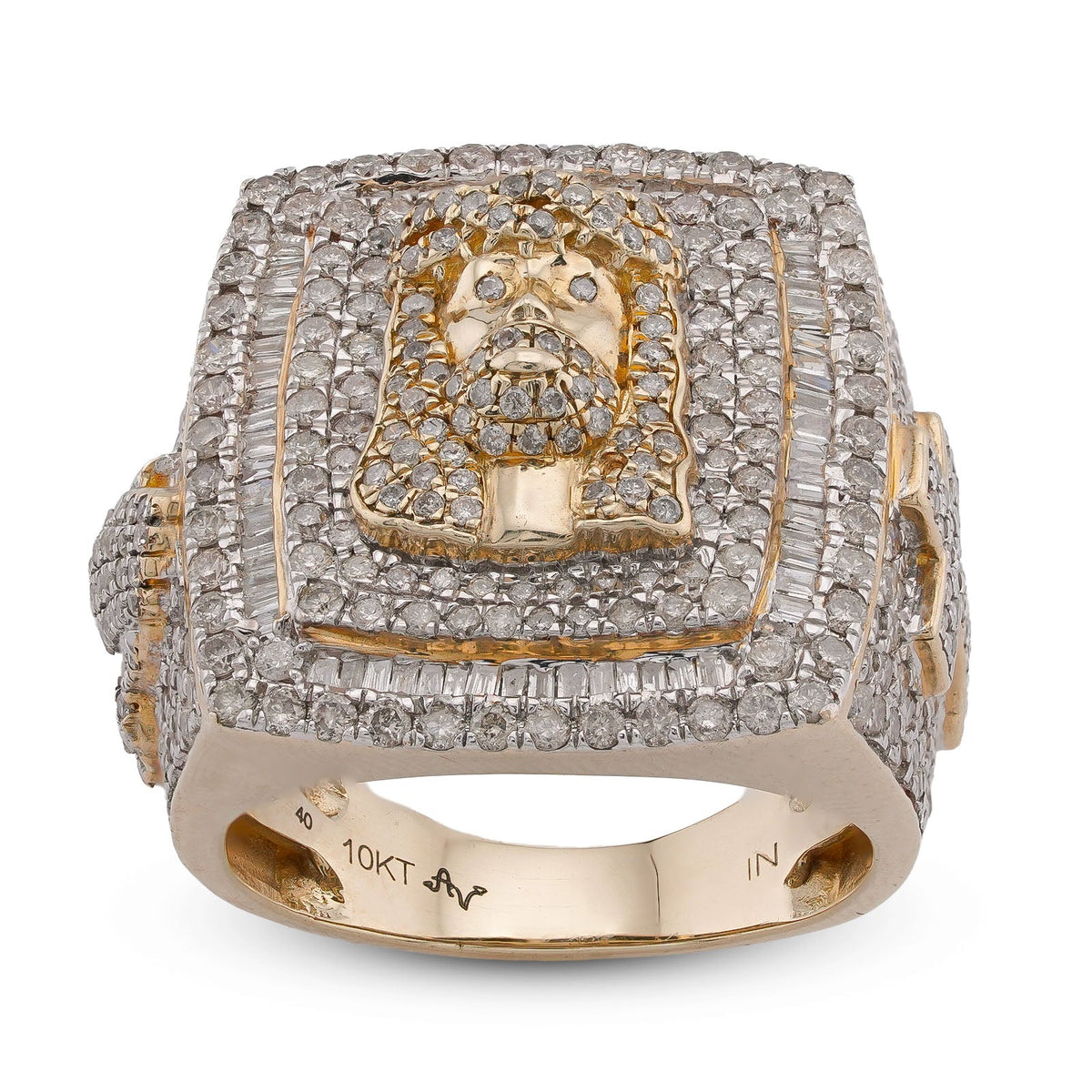 10K Yellow Gold Rectangular Shape Jesus Head w/ Cross Baguette Natural Diamond Men Pinky Ring - Elite Jewelers-Rings