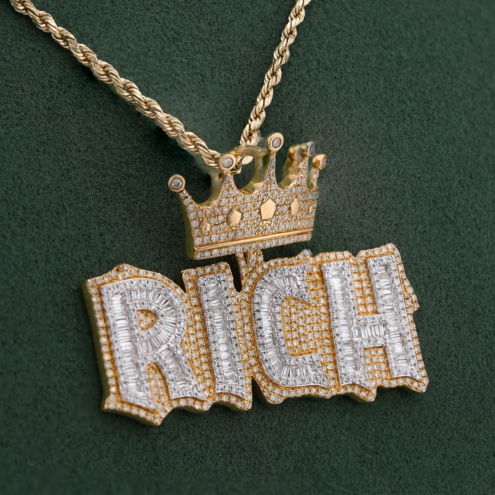 10K Yellow Gold RICH Crown Pendant 5CT Natural Diamond Men Women Charm - Elite Jewelers-Charms & Pendants