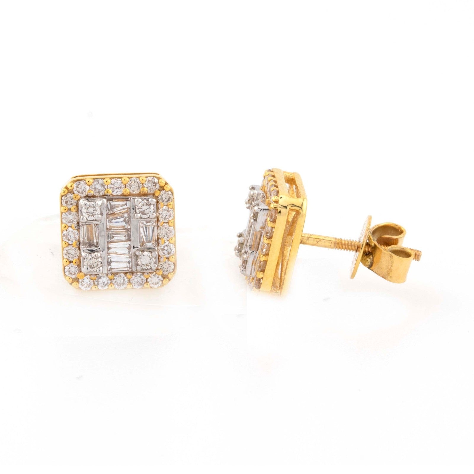 10k Yellow Gold Round & Baguette Natural Diamond 0.89CT Square Women Men Earring - Elite Jewelers - Earrings