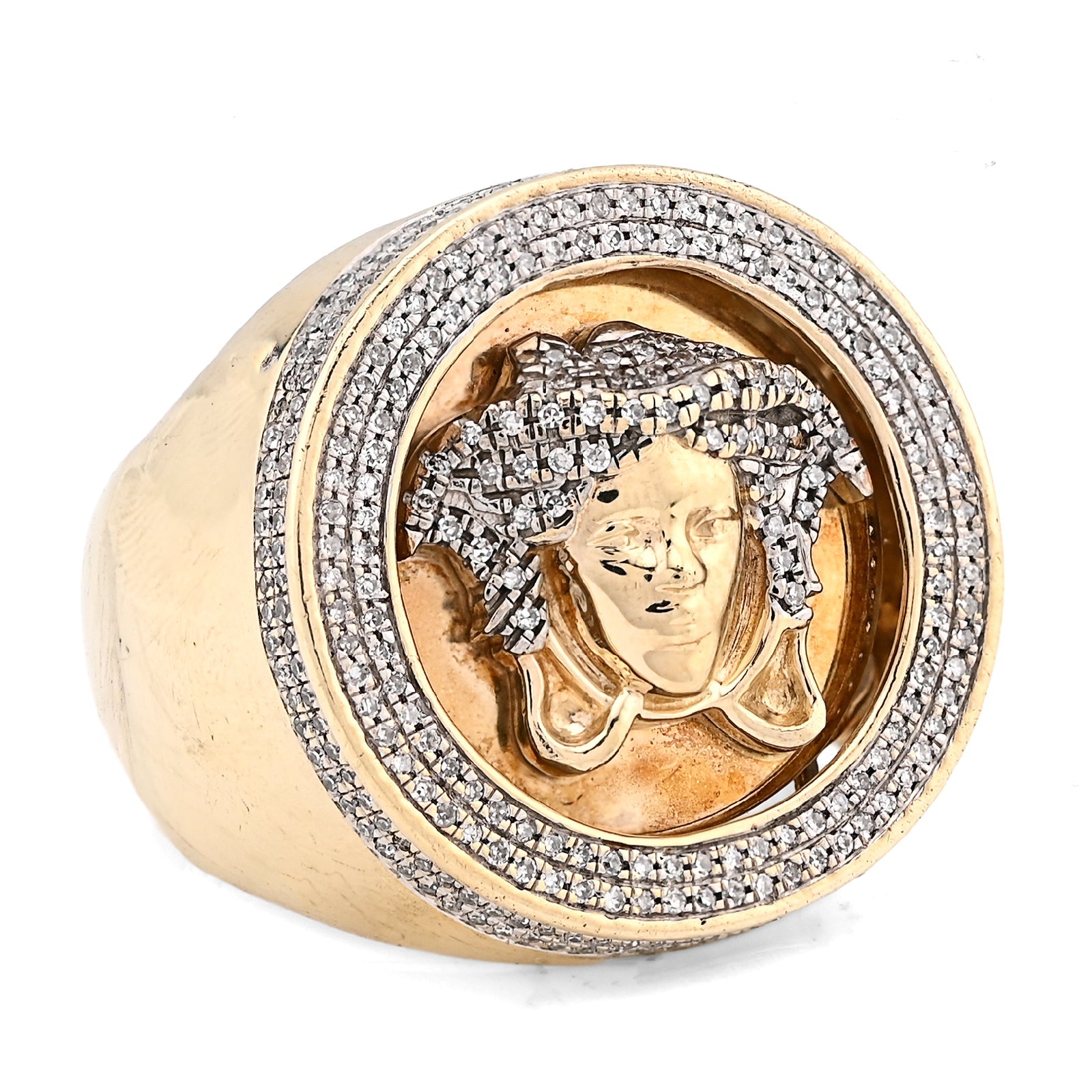 10K Yellow Gold Round Medusa Face 1CT Natural Diamond Men Pinky Ring - Elite Jewelers - Rings