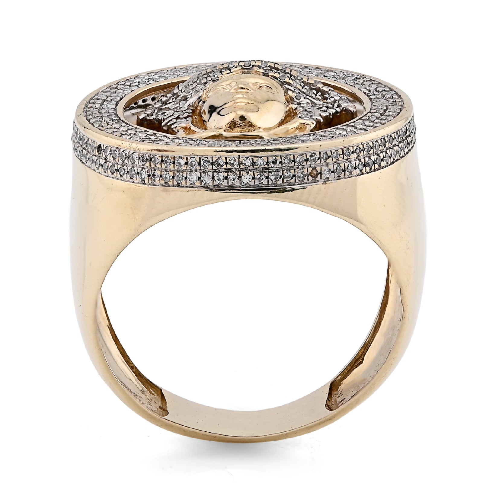 10K Yellow Gold Round Medusa Face 1CT Natural Diamond Men Pinky Ring - Elite Jewelers - Rings