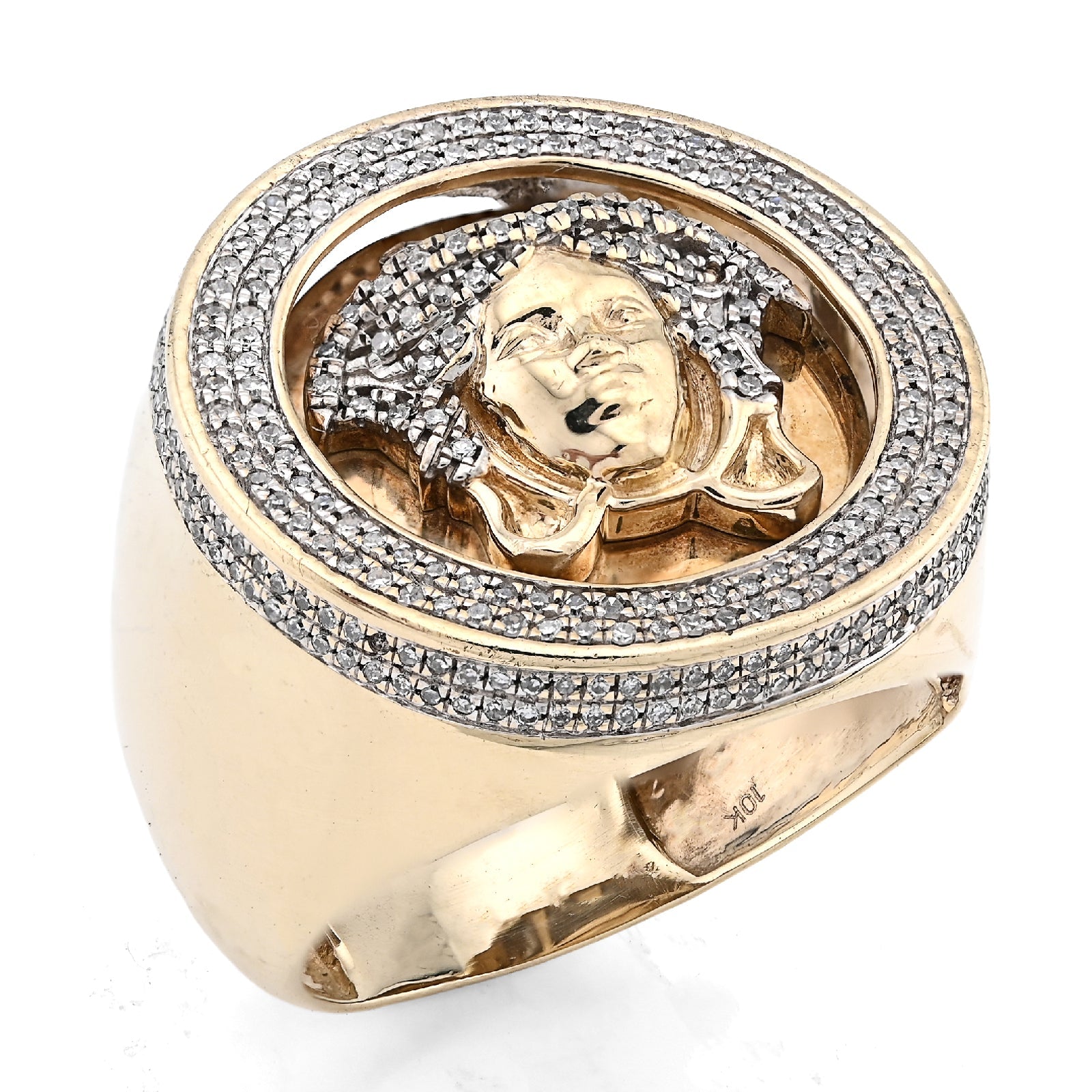 10K Yellow Gold Round Medusa Face 1CT Natural Diamond Men Pinky Ring - Elite Jewelers - Rings