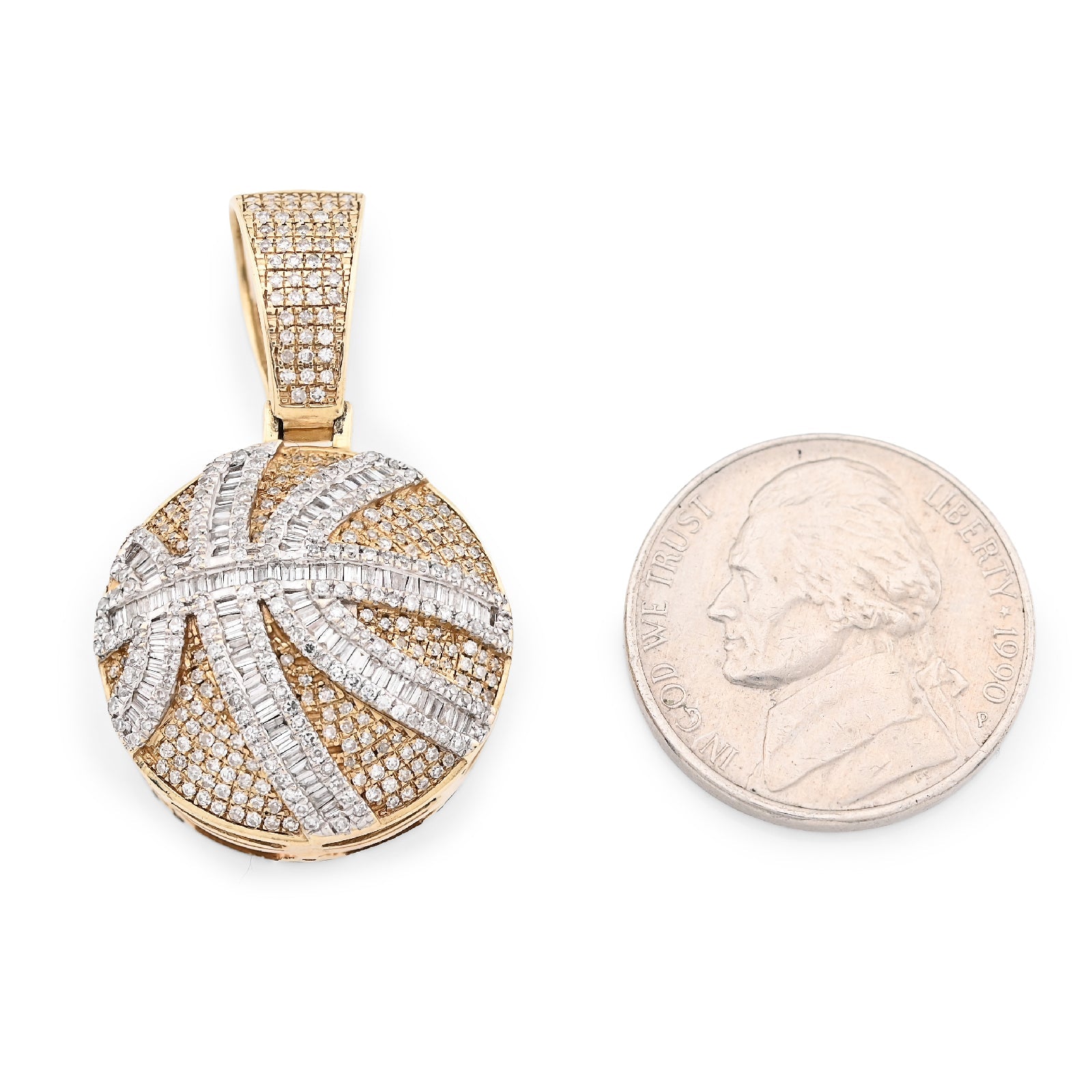 10K Yellow Gold Round/Baguette Natural Diamond Basket Ball Men Charm Pendant 34.8MM 14.8g - Elite Jewelers - Charms & Pendants
