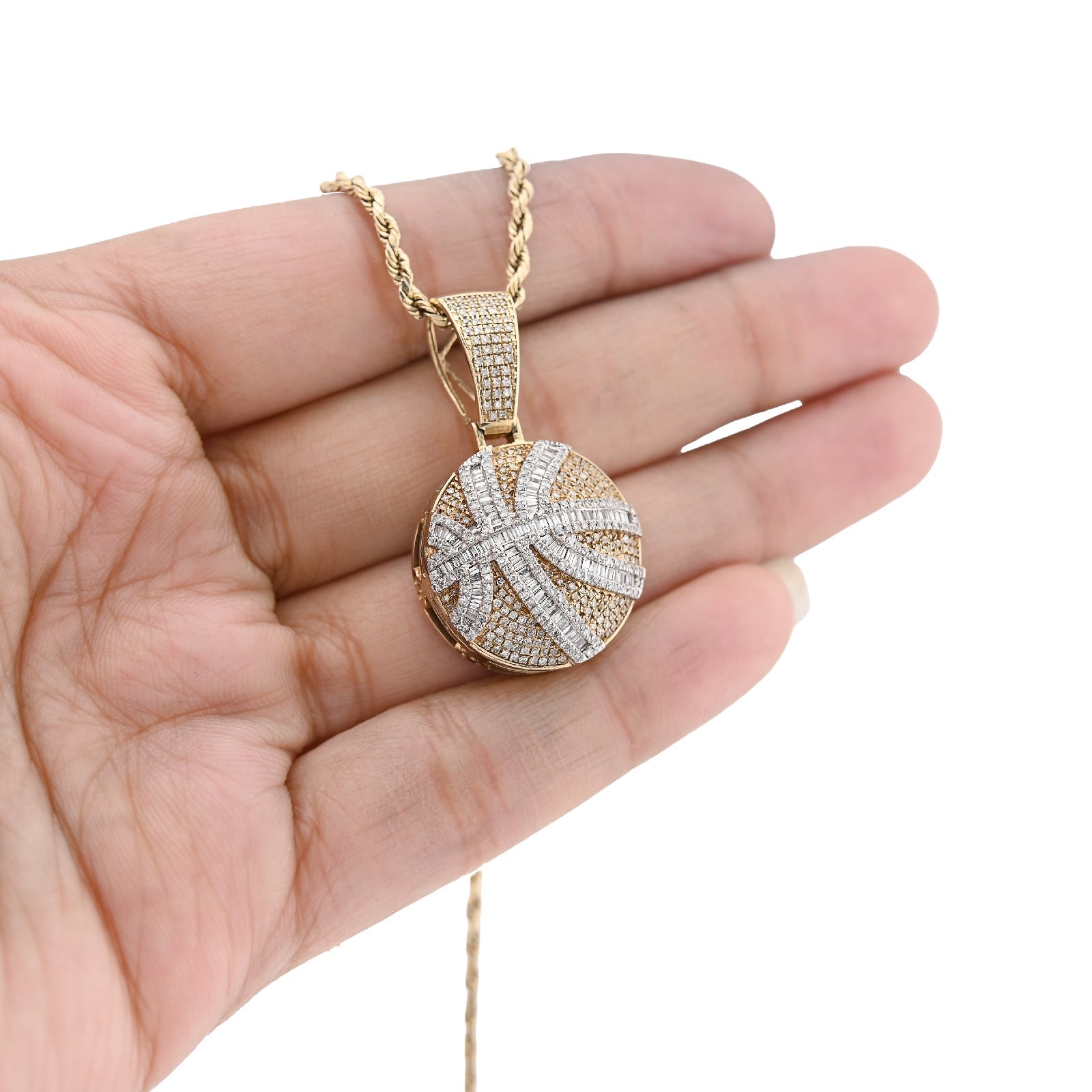 10K Yellow Gold Round/Baguette Natural Diamond Basket Ball Men Charm Pendant 34.8MM 14.8g - Elite Jewelers - Charms & Pendants