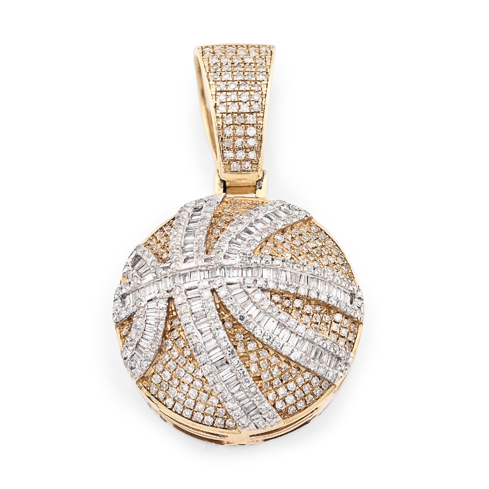 10K Yellow Gold Round/Baguette Natural Diamond Basket Ball Men Charm Pendant 34.8MM 14.8g - Elite Jewelers - Charms & Pendants