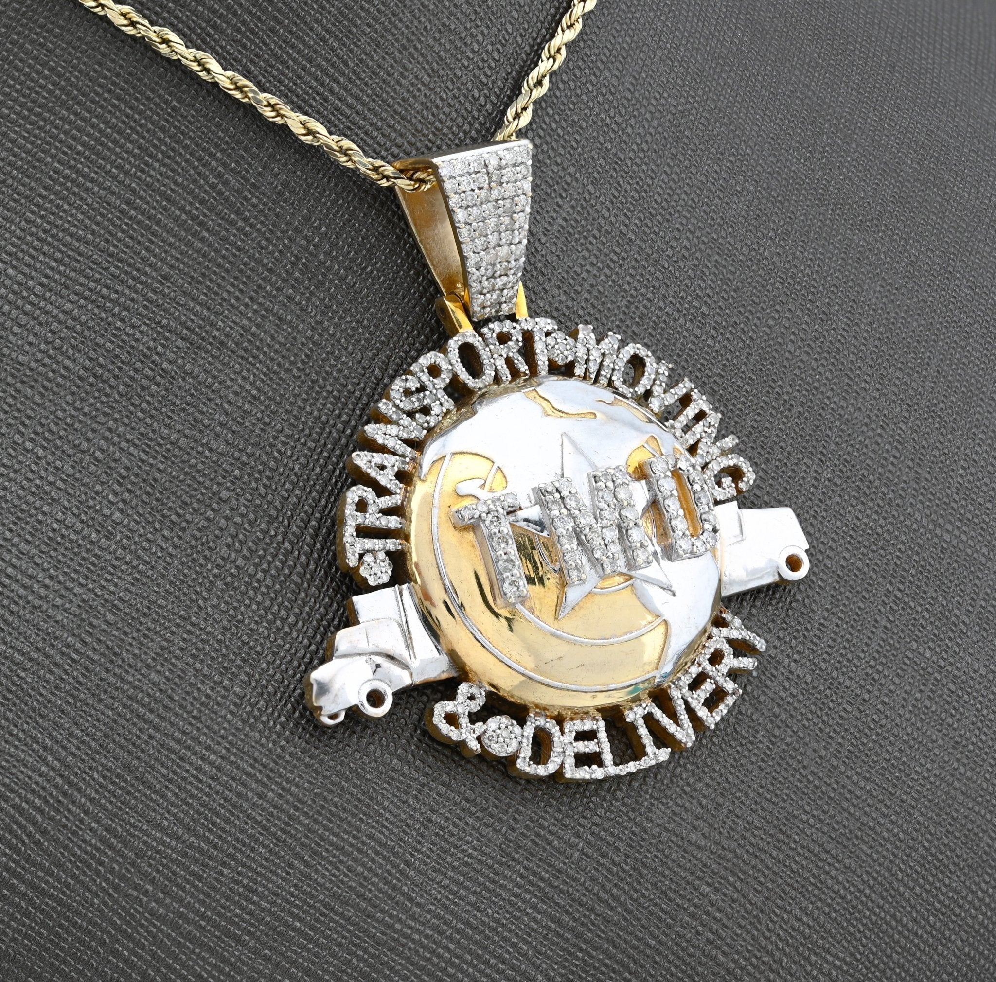 10K Yellow Gold "Transport, Moving & Delivery" Globe Truck 2CT Natural Diamond Men Pendant Charm - Elite Jewelers - Charms & Pendants