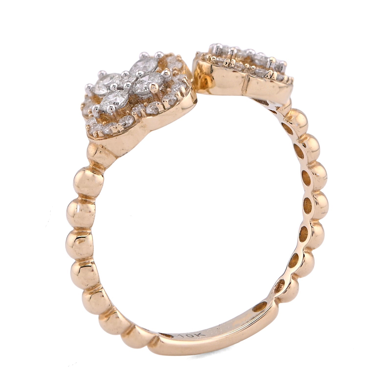 10K Yellow Gold Two 4 - Leaf Clover Side Bead Band 0.50CT Natural Diamond Women Ring - Elite Jewelers - Rings