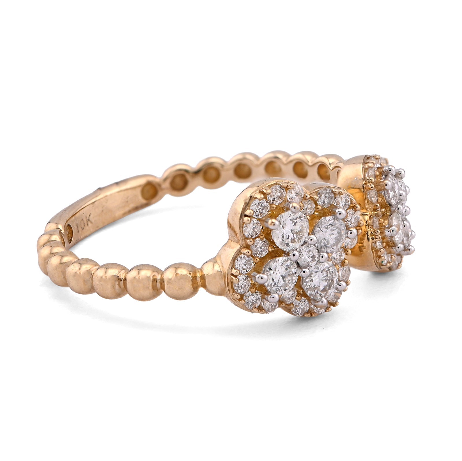 10K Yellow Gold Two 4 - Leaf Clover Side Bead Band 0.50CT Natural Diamond Women Ring - Elite Jewelers - Rings