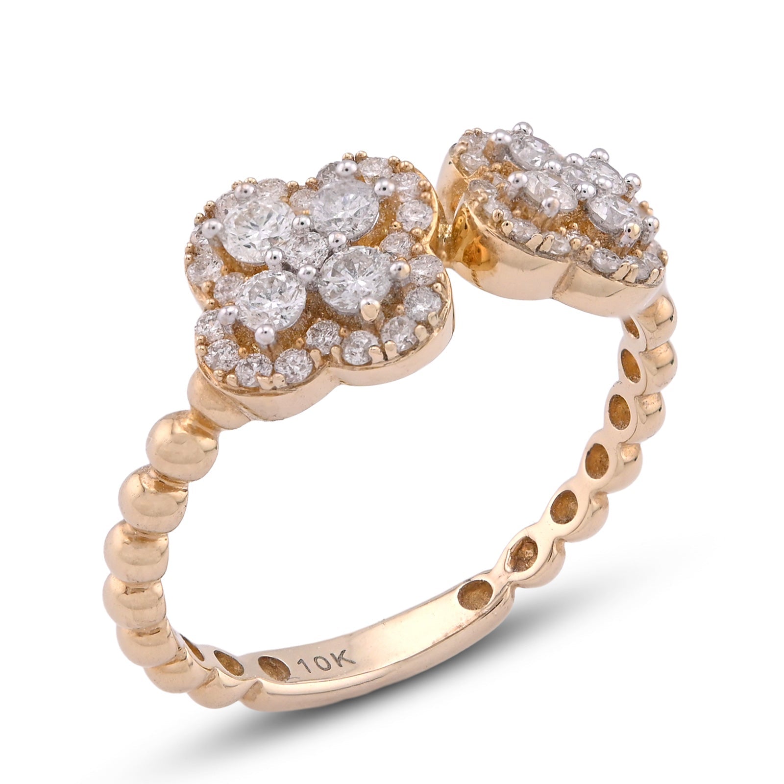 10K Yellow Gold Two 4 - Leaf Clover Side Bead Band 0.50CT Natural Diamond Women Ring - Elite Jewelers - Rings