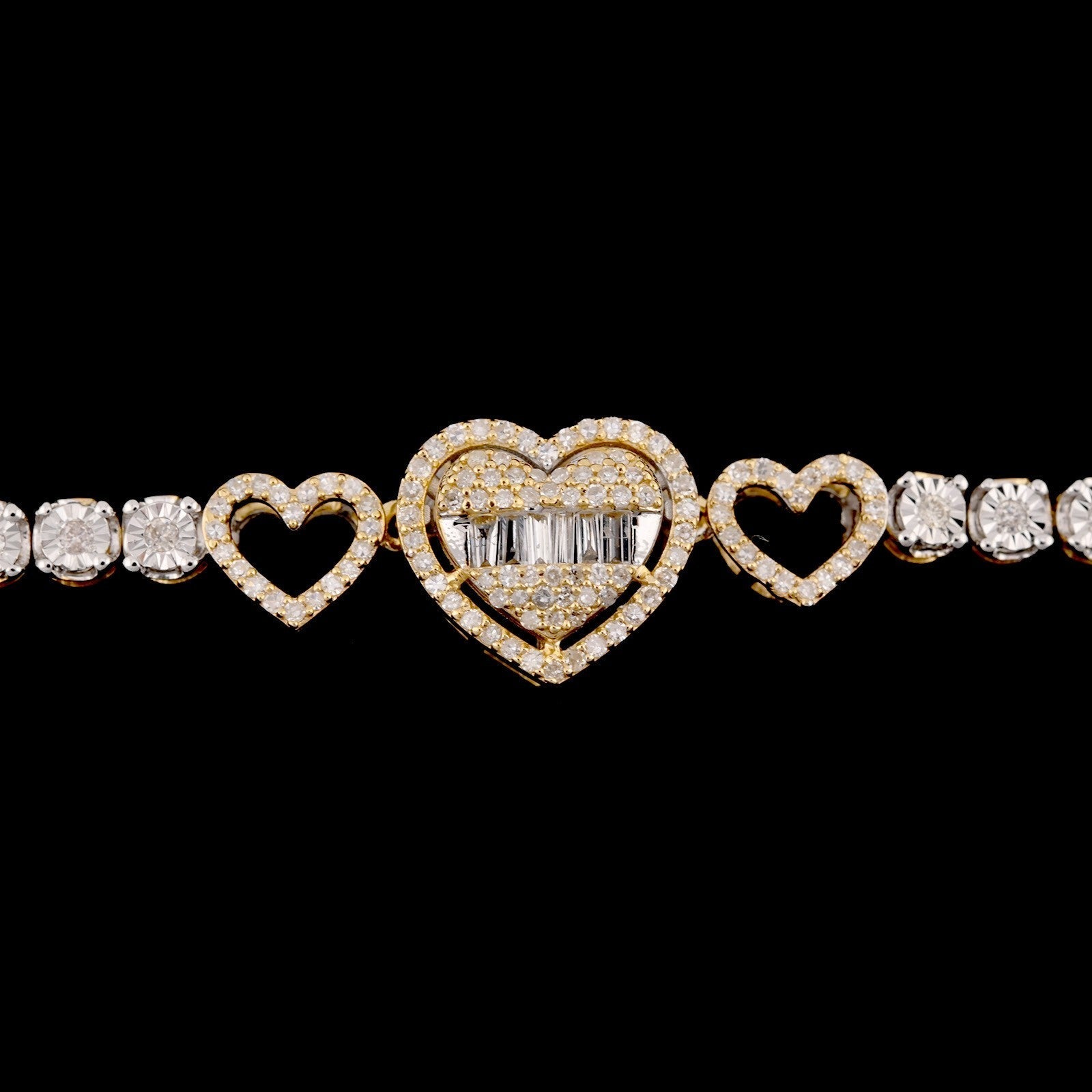 10k Yellow Gold Women 0.8CTW Baguette Diamond Heart Tennis Bracelet 7.6g 7Inch - Elite Jewelers - Bracelets