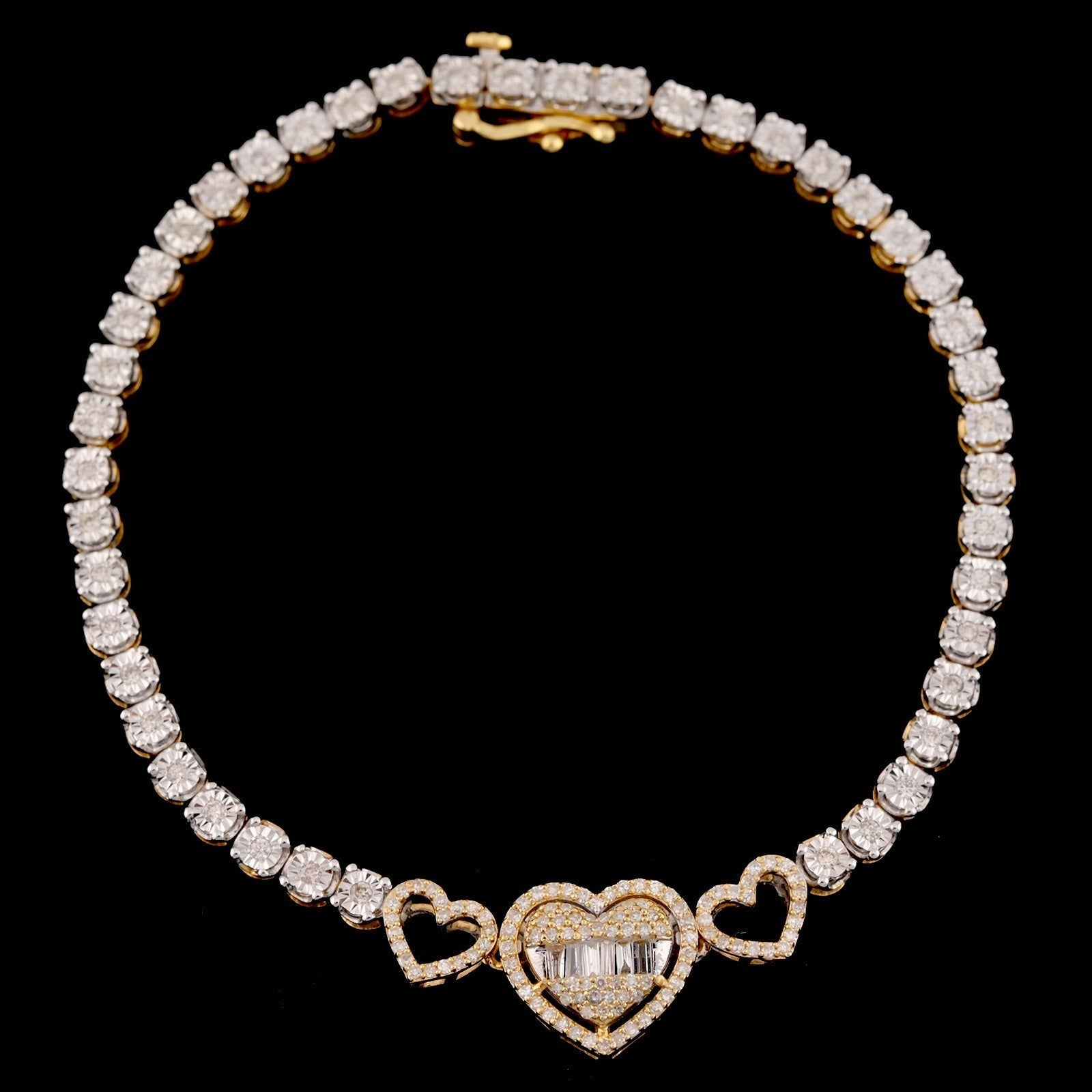 10k Yellow Gold Women 0.8CTW Baguette Diamond Heart Tennis Bracelet 7.6g 7Inch - Elite Jewelers - Bracelets