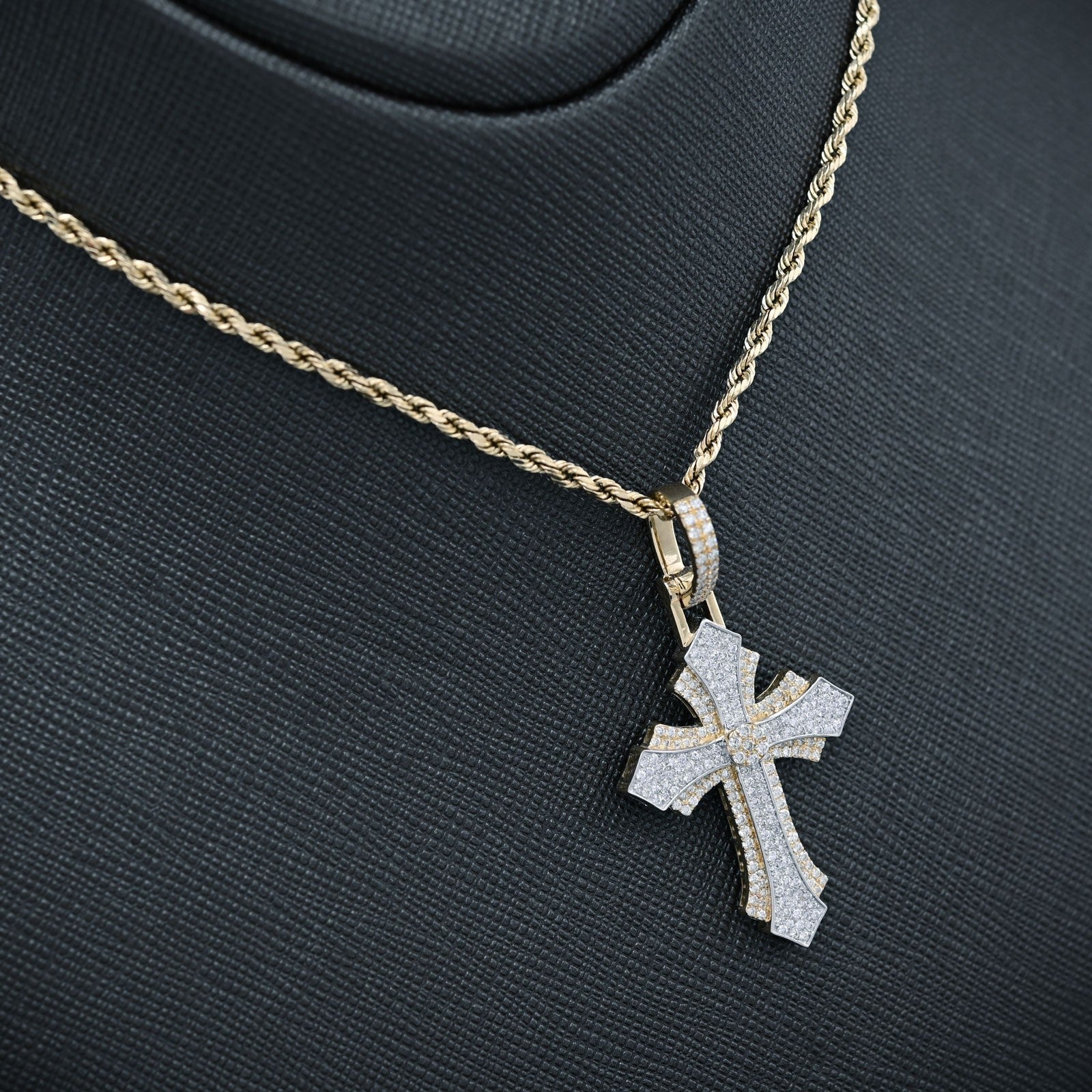 10k Yellow & White Gold 0.9CTW Natural Diamond Pave Cross Pendant 4.1g Charm - Elite Jewelers - Charms & Pendants
