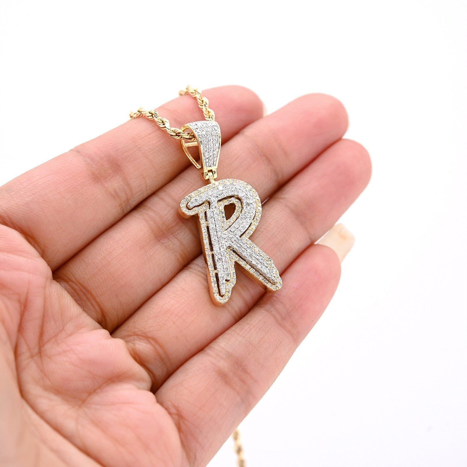 10k Yellow & White Gold 1 CTW Natural Diamond Initial "R" Pendant 4.7g Charm - Elite Jewelers - Charms & Pendants