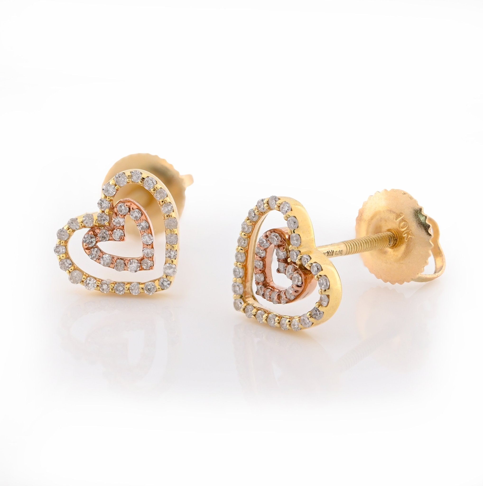 10K Yellow/Rose Gold 0.20CT Natural Diamond Round 2 Tone Dual Heart Shape Women Earring Studs - Elite Jewelers - Earrings