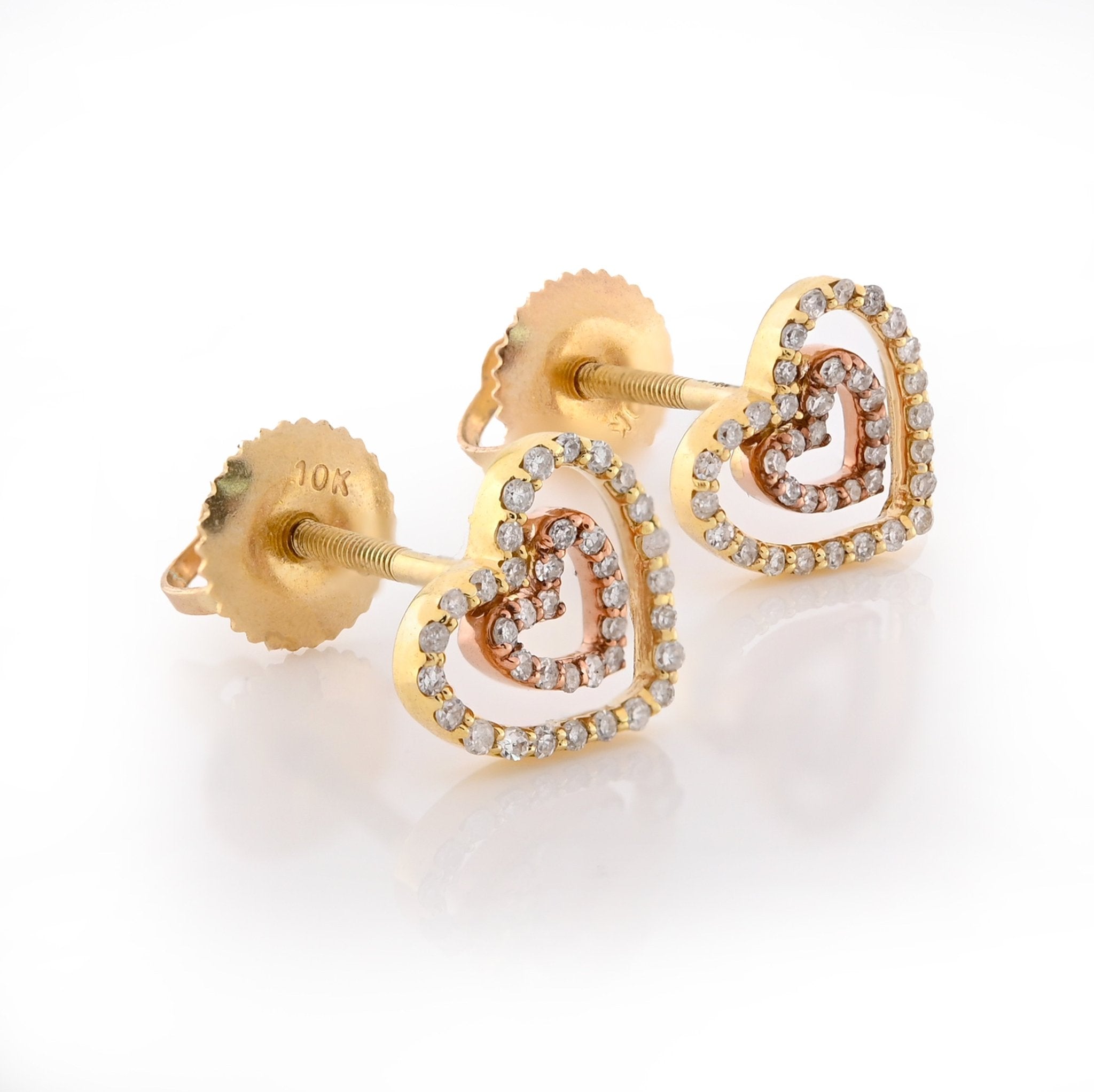 10K Yellow/Rose Gold 0.20CT Natural Diamond Round 2 Tone Dual Heart Shape Women Earring Studs - Elite Jewelers - Earrings
