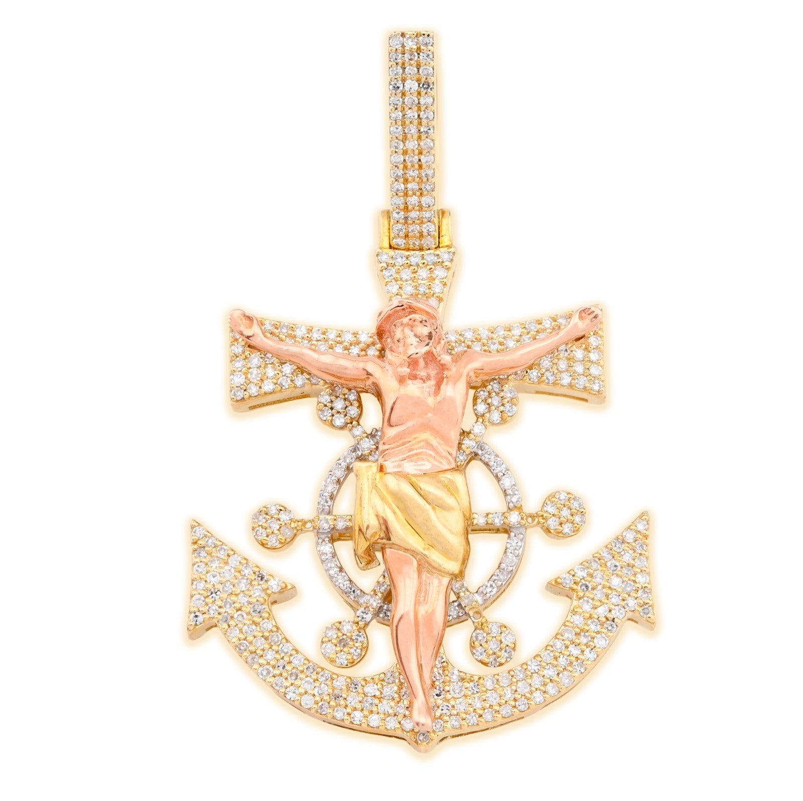 10k Yellow/Rose Gold 7.4gms 0.65 CTW Diamond Jesus Anchor Cross Crucifix Pendant - Elite Jewelers - Charms & Pendants