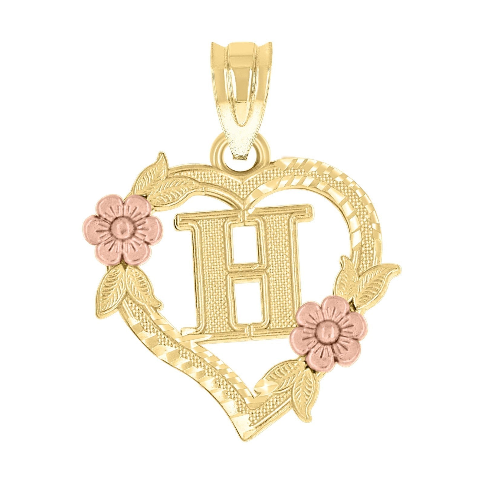10k Yellow/Rose Gold Heart Flower Initial Letter "H" Pendant 1.1g Alphabet Charm - Elite Jewelers - Charms & Pendants