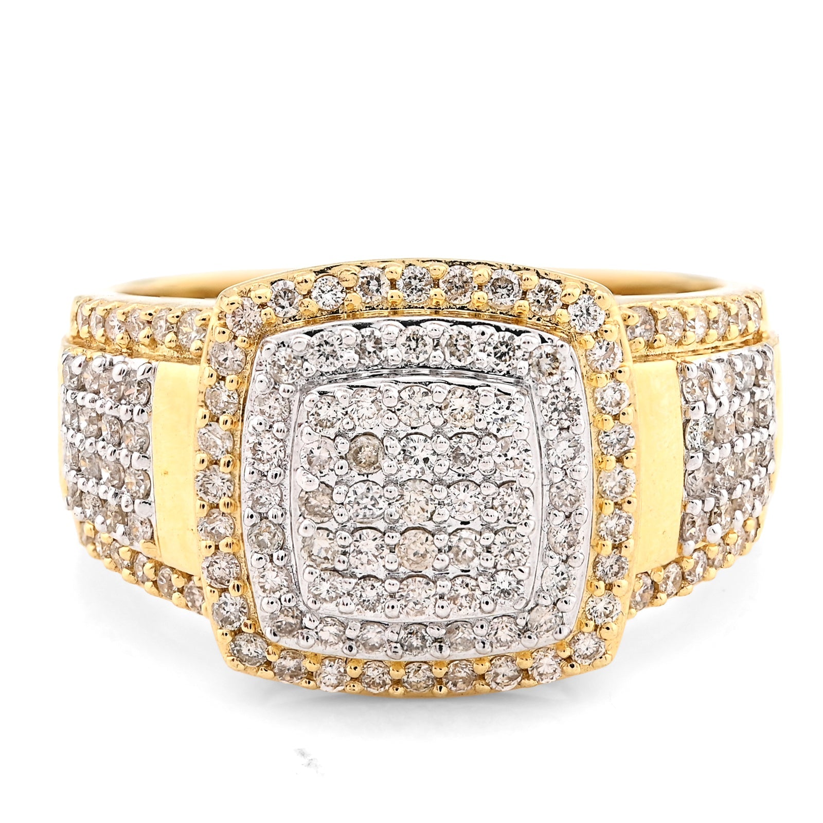 10K Yellow/White Gold 1.01CT Natural Diamond Three Row Rectangular 2 Tone Men Ring - Elite Jewelers - Rings
